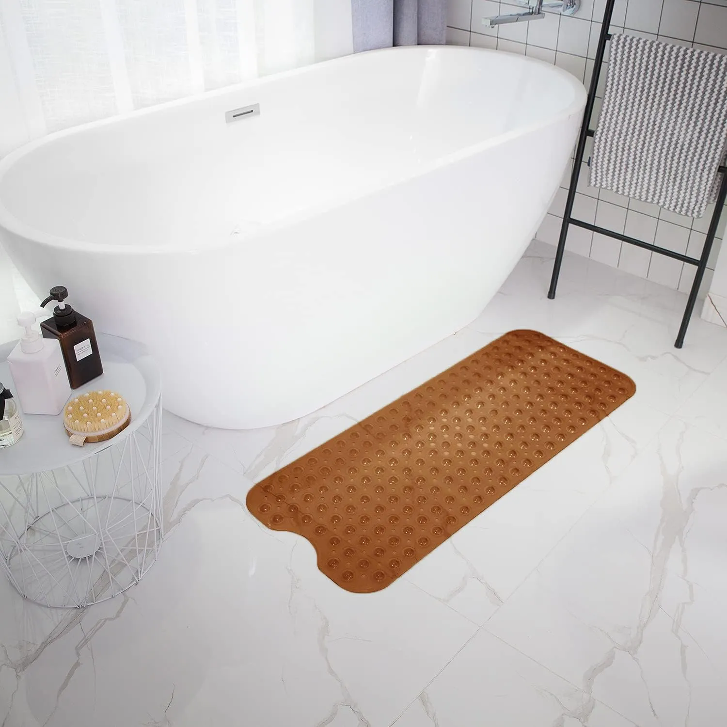 Bathtub Mats for Shower Tub, Extra Long Non-Slip 39 x 16 Inch Bath Mat with Drain Holes and Suction Cups, BathMat for Bathroom with Machine Washable (Clear Brown)