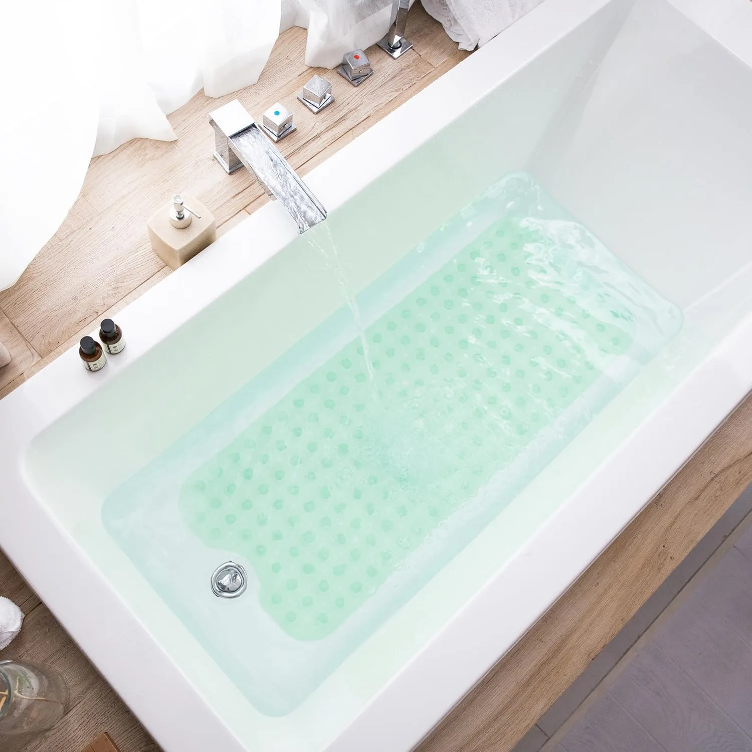 Bathtub Mats for Shower Tub, Extra Long Non-Slip 39 x 16 Inch Bath Mat with Drain Holes and Suction Cups, BathMat for Bathroom with Machine Washable (Clear Green)
