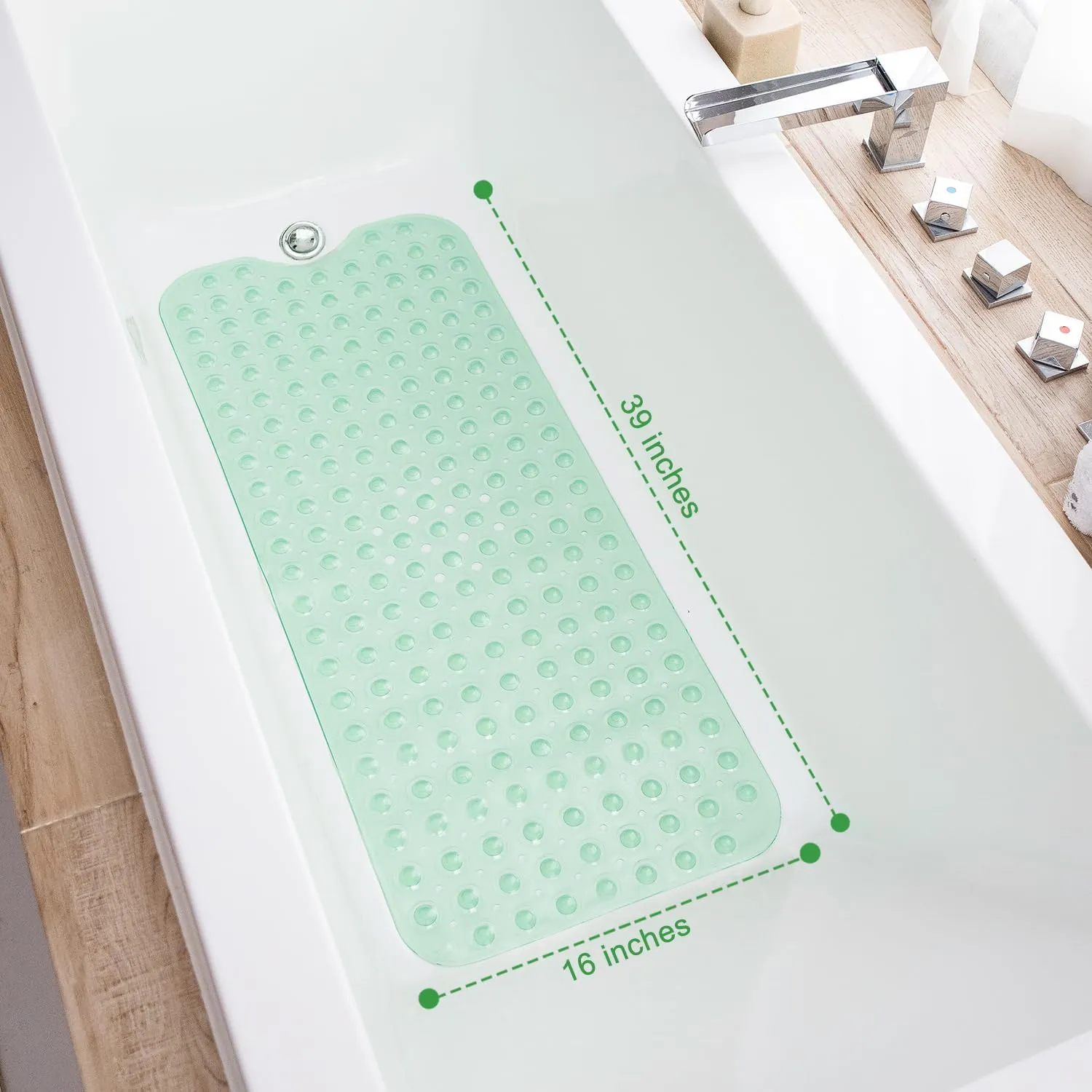 Bathtub Mats for Shower Tub, Extra Long Non-Slip 39 x 16 Inch Bath Mat with Drain Holes and Suction Cups, BathMat for Bathroom with Machine Washable (Clear Green)