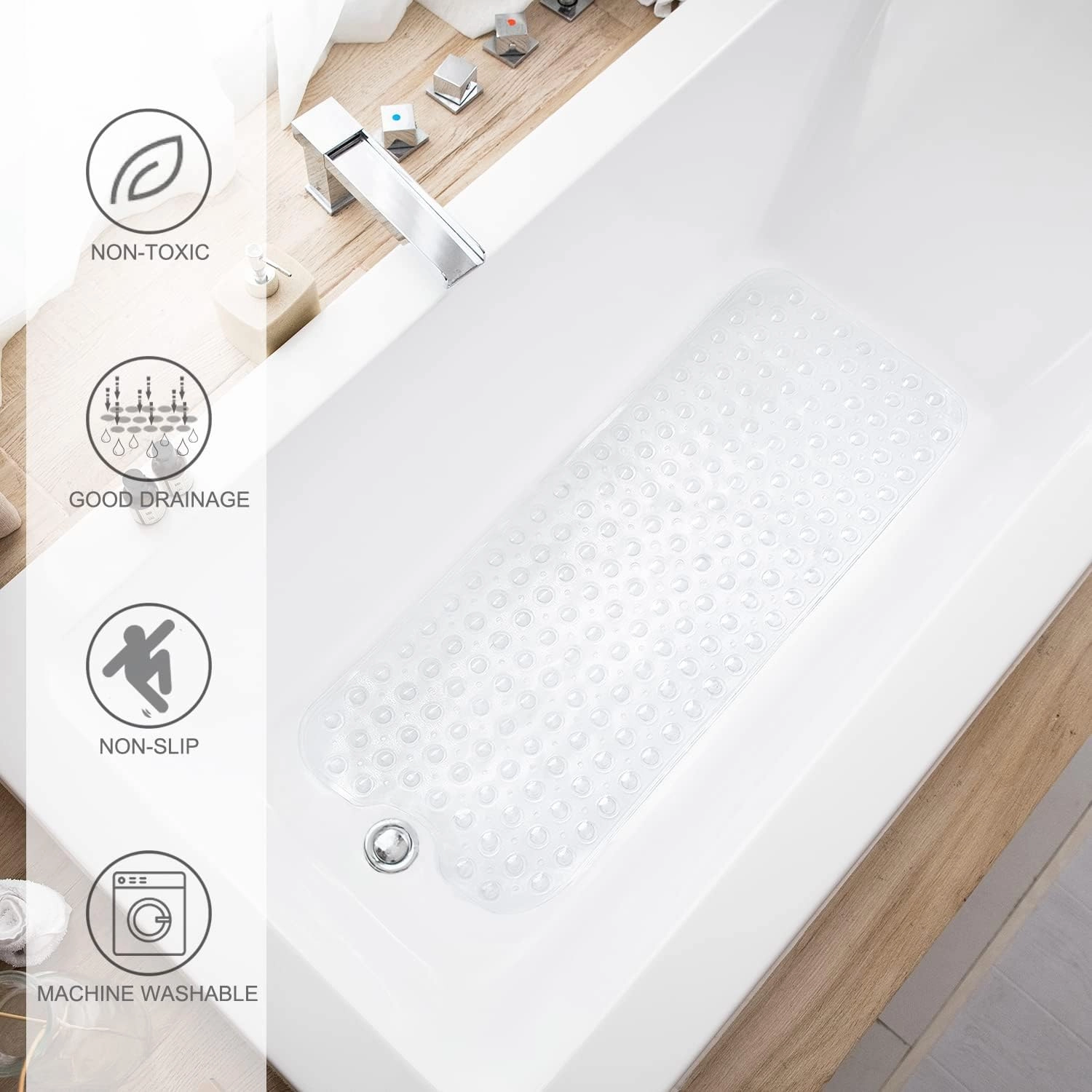 Bathtub Mats for Shower Tub, Extra Long Non-Slip 39 x 16 Inch Bath Mat with Drain Holes and Suction Cups, BathMat for Bathroom with Machine Washable (Clear)