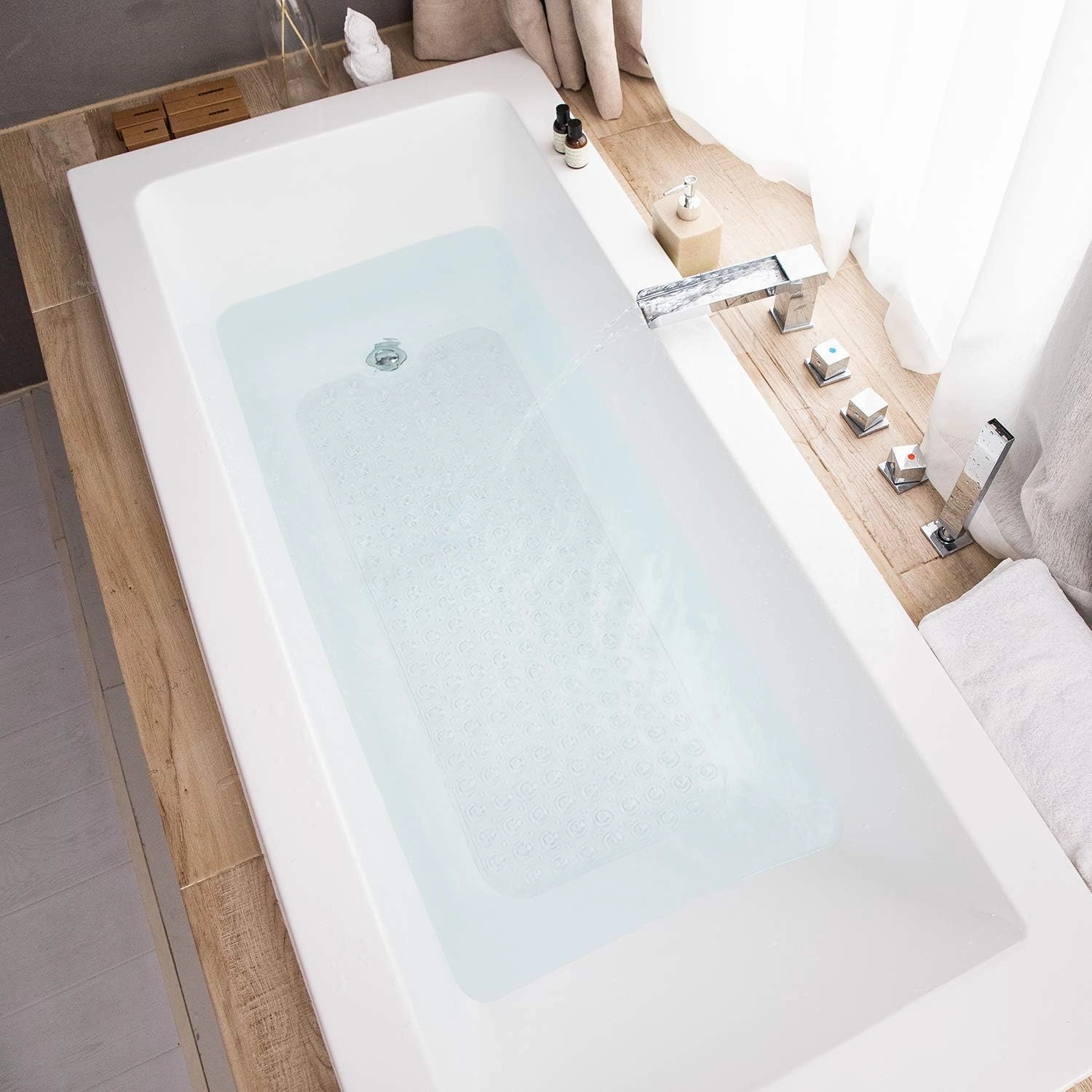 Bathtub Mats for Shower Tub, Extra Long Non-Slip 39 x 16 Inch Bath Mat with Drain Holes and Suction Cups, BathMat for Bathroom with Machine Washable (Clear)