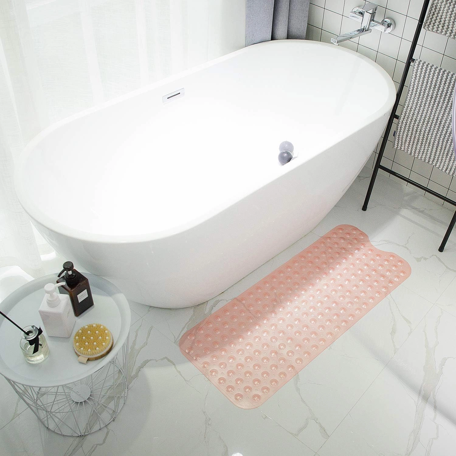 Bathtub Mats for Shower Tub, Extra Long Non-Slip 39 x 16 Inch Bath Mat with Drain Holes and Suction Cups, BathMat for Bathroom with Machine Washable (Clear Coral Pink)