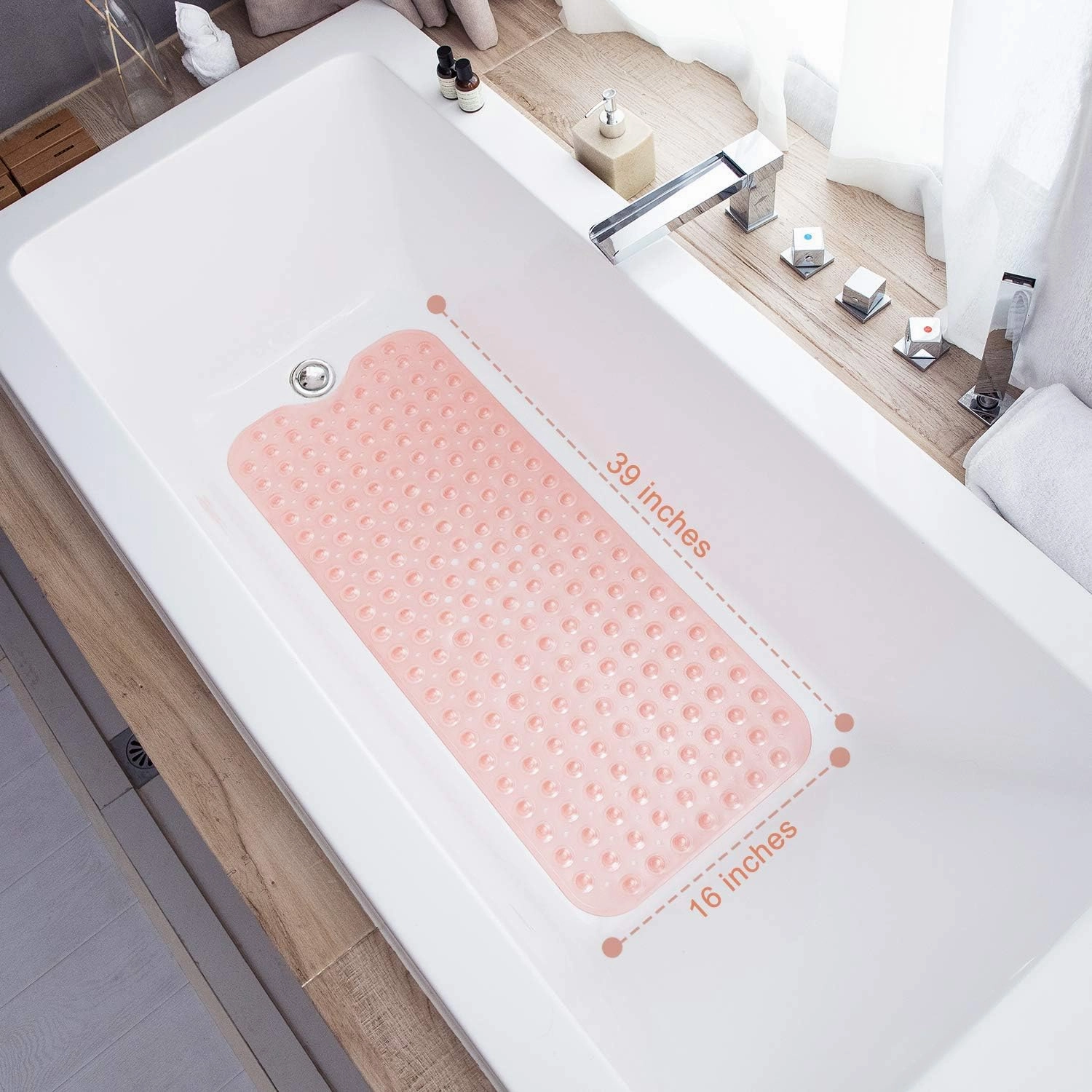 Bathtub Mats for Shower Tub, Extra Long Non-Slip 39 x 16 Inch Bath Mat with Drain Holes and Suction Cups, BathMat for Bathroom with Machine Washable (Clear Coral Pink)