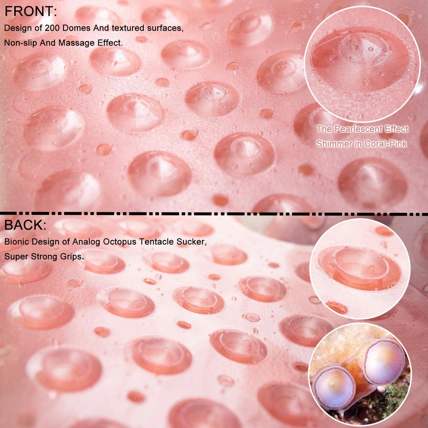 Bathtub Mats for Shower Tub, Extra Long Non-Slip 39 x 16 Inch Bath Mat with Drain Holes and Suction Cups, BathMat for Bathroom with Machine Washable (Clear Coral Pink)