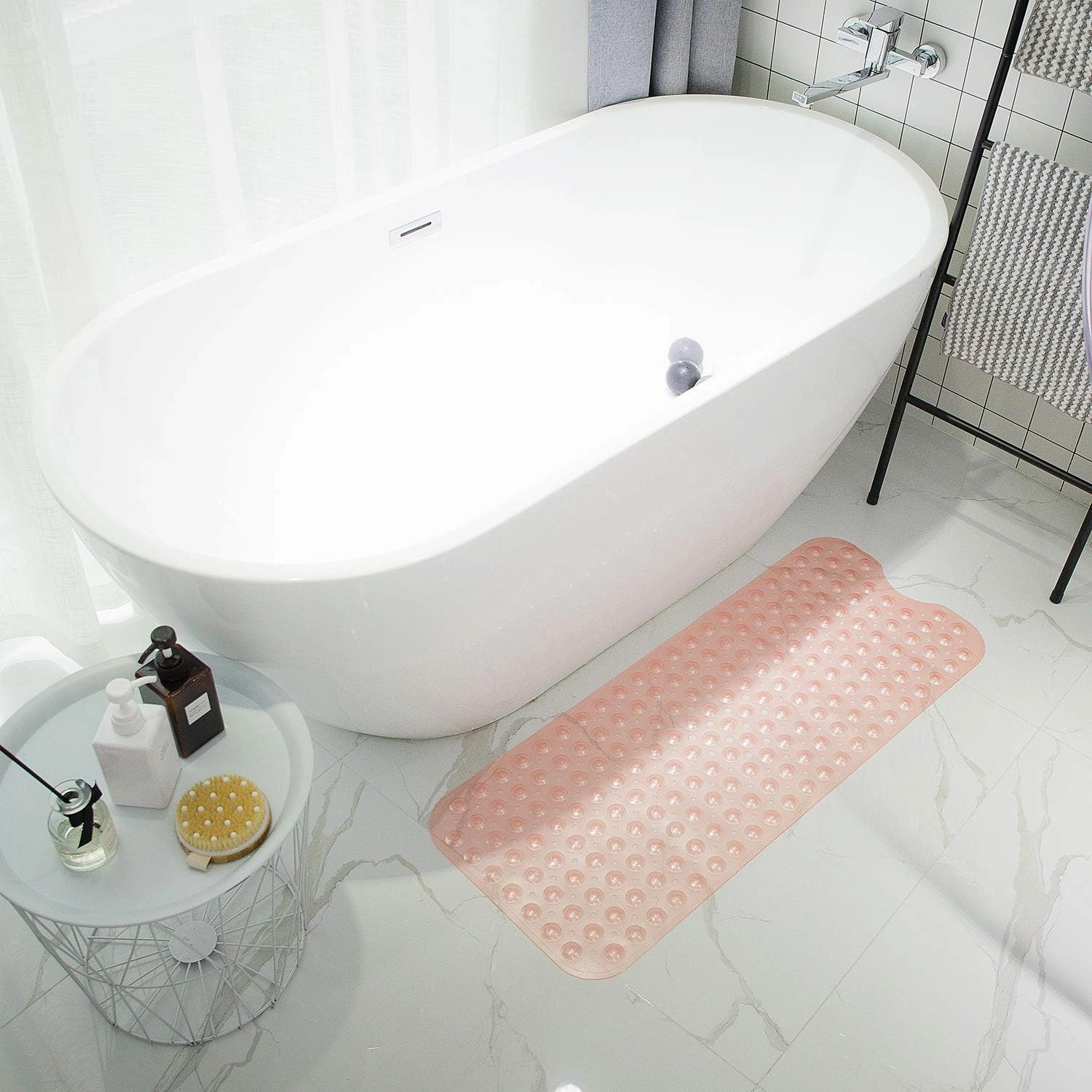 Bathtub Mats for Shower Tub, Extra Long Non-Slip 39 x 16 Inch Bath Mat with Drain Holes and Suction Cups, BathMat for Bathroom with Machine Washable (Clear Coral Pink)