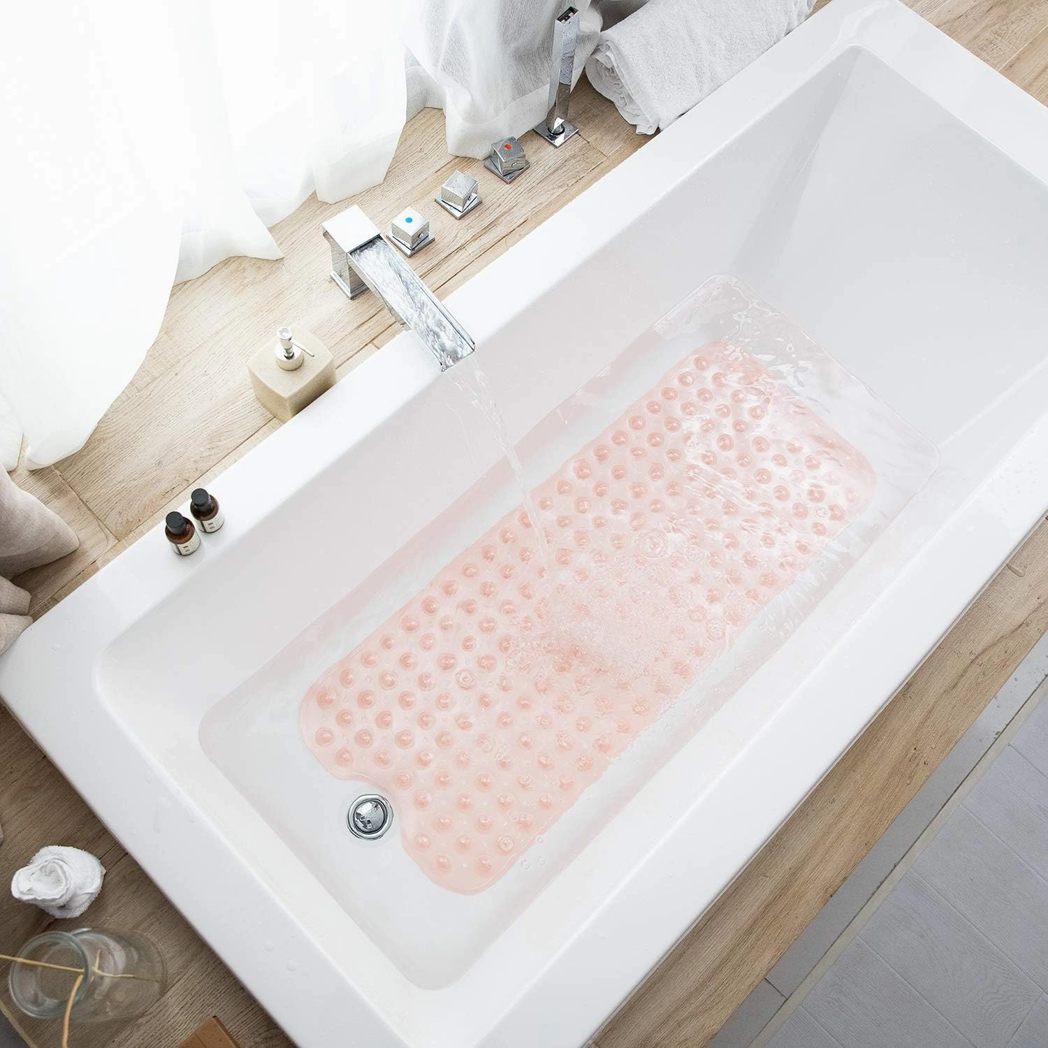 Bathtub Mats for Shower Tub, Extra Long Non-Slip 39 x 16 Inch Bath Mat with Drain Holes and Suction Cups, BathMat for Bathroom with Machine Washable (Clear Coral Pink)