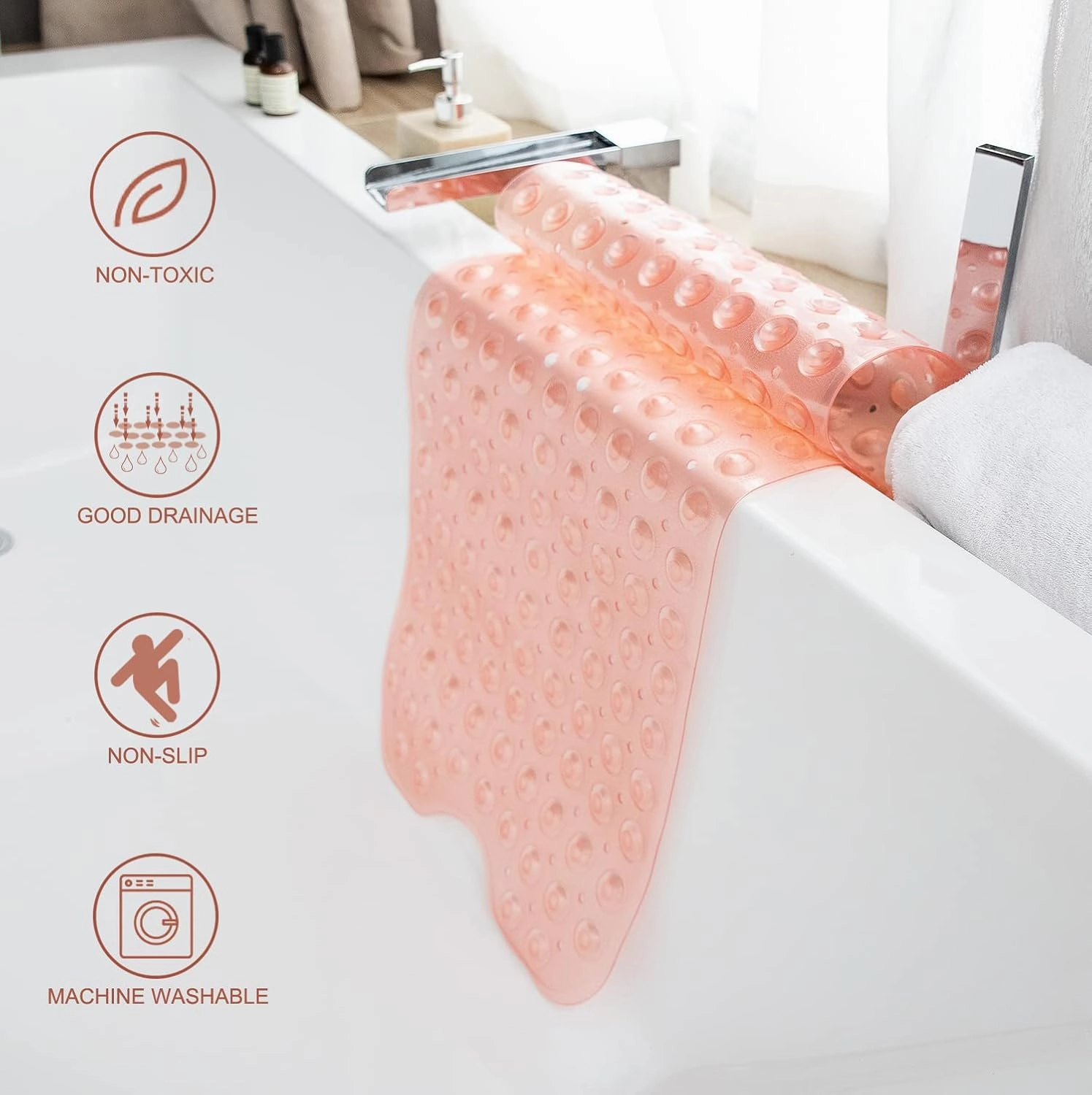 Bathtub Mats for Shower Tub, Extra Long Non-Slip 39 x 16 Inch Bath Mat with Drain Holes and Suction Cups, BathMat for Bathroom with Machine Washable (Clear Coral Pink)