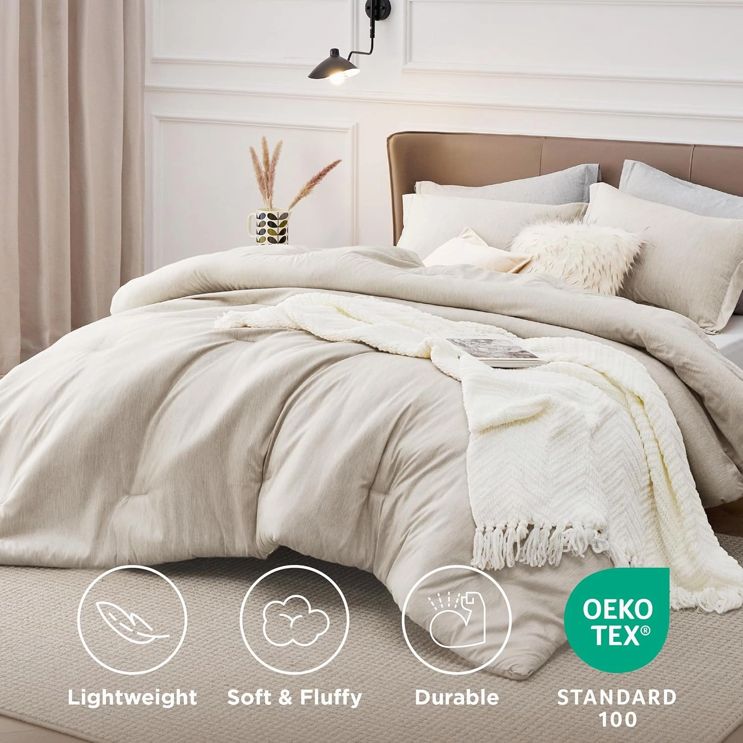 Bedsure King Size Comforter Set - Beige Soft Bedding for All Seasons, Cationic Dyed Bed Set, 3 Pieces, 1 King Size Comforter (104"x90") and 2 Pillow Shams (20"x36" 2")