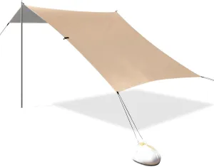 Beige Stable Beach Tent UPF50  Protection Easy Setup Portable Sun Shelter with Sandbags & Sand Shovel for Backyard, Grassland, Park