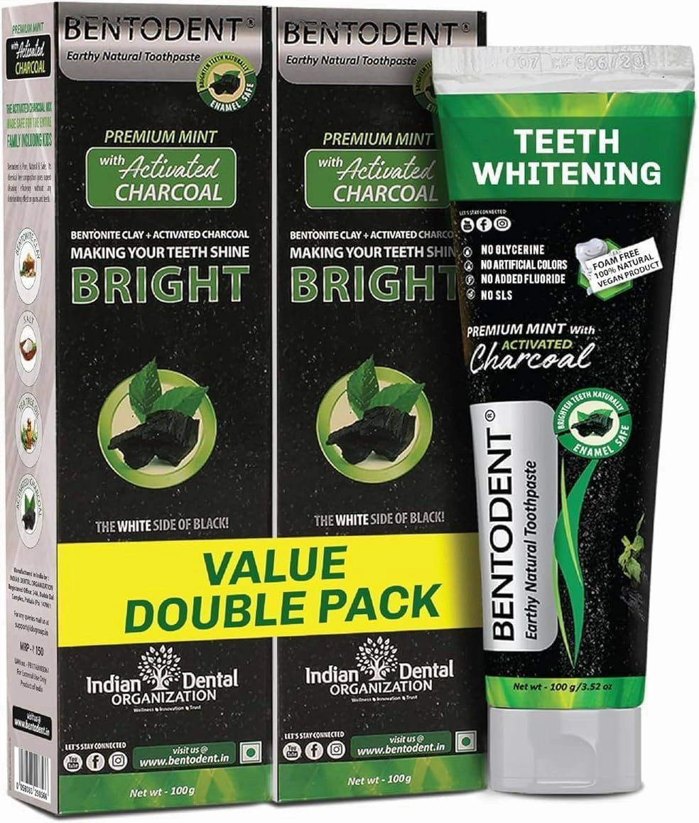 Bento.dent Toothpaste - Teeth Whitening Products | Activated Charcoal Mint Teeth Whitening Toothpaste | Enamel Safe, Natural | Foam Free, Fluoride Free - (Pack of 2)
