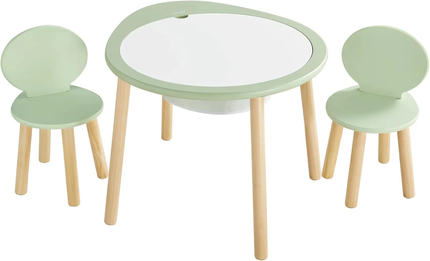 Beright Kids Table and Chairs Set, Kids Wooden Play Table with 2 Chairs, Kids Round Table for Toddlers, Suitable for Bedroom, Playroom and Kids' Room, with Removable Top Panel and Storage Bag, Green