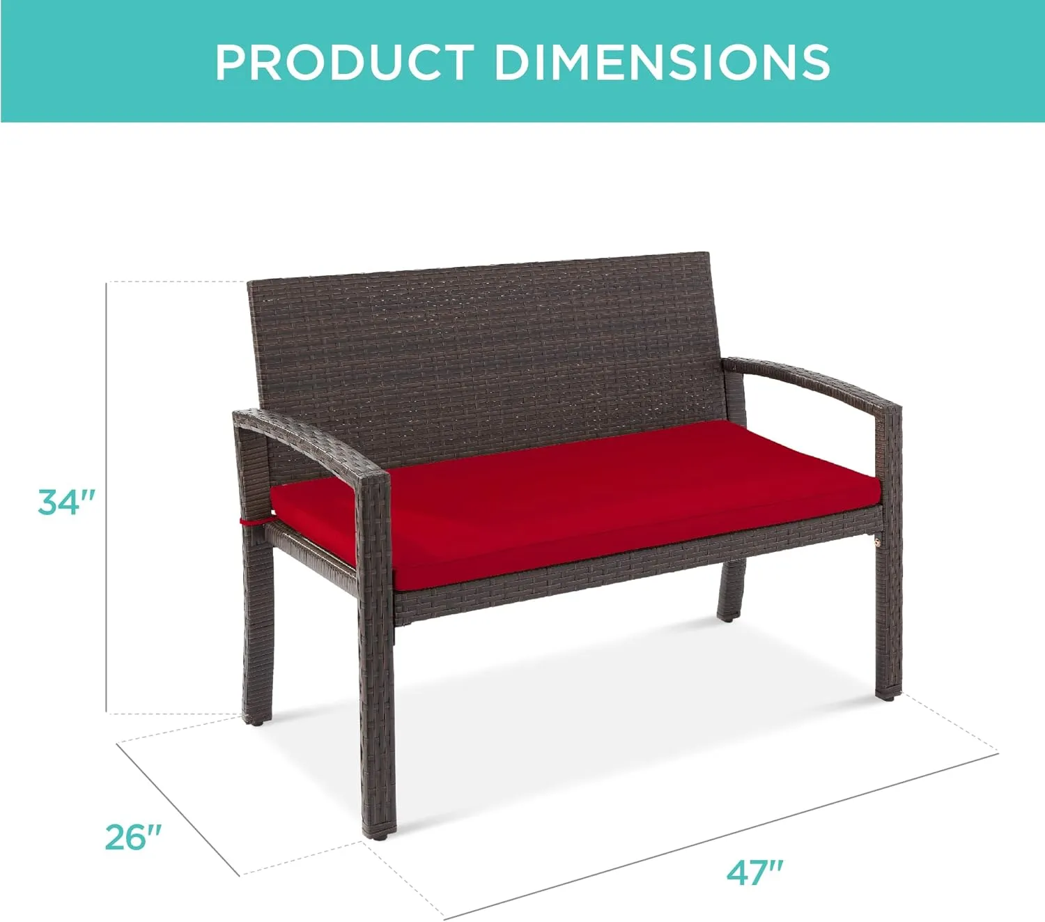 Best Choice Products Outdoor Bench 2-Person Wicker Garden Patio Benches Seating Furniture for Backyard, Porch w/Seat Cushion, 700lb Capacity - Brown/Red
