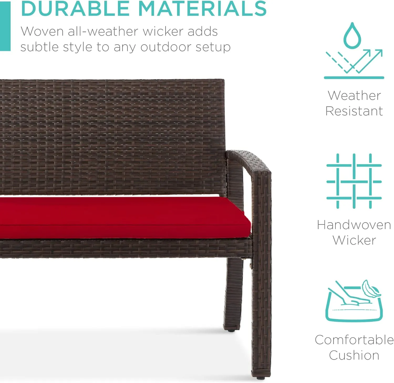 Best Choice Products Outdoor Bench 2-Person Wicker Garden Patio Benches Seating Furniture for Backyard, Porch w/Seat Cushion, 700lb Capacity - Brown/Red