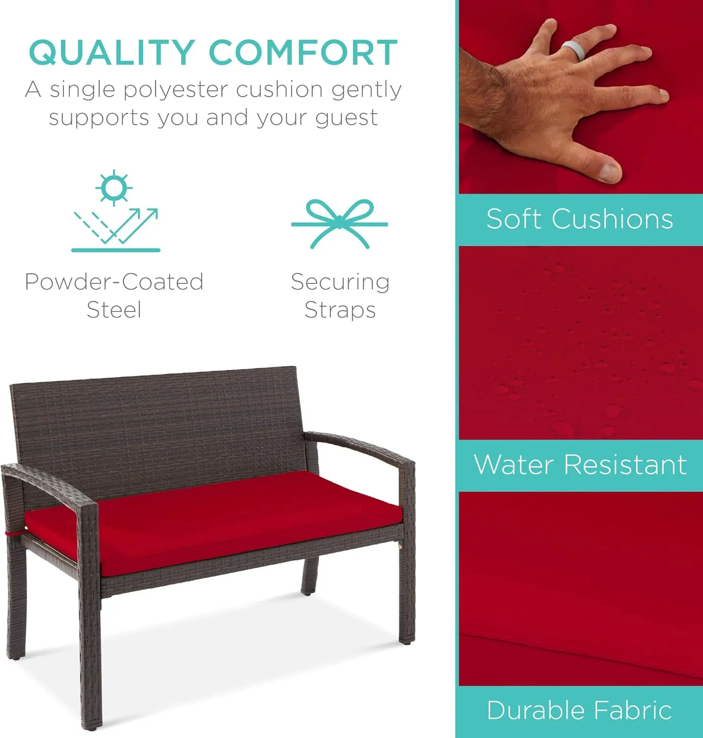 Best Choice Products Outdoor Bench 2-Person Wicker Garden Patio Benches Seating Furniture for Backyard, Porch w/Seat Cushion, 700lb Capacity - Brown/Red
