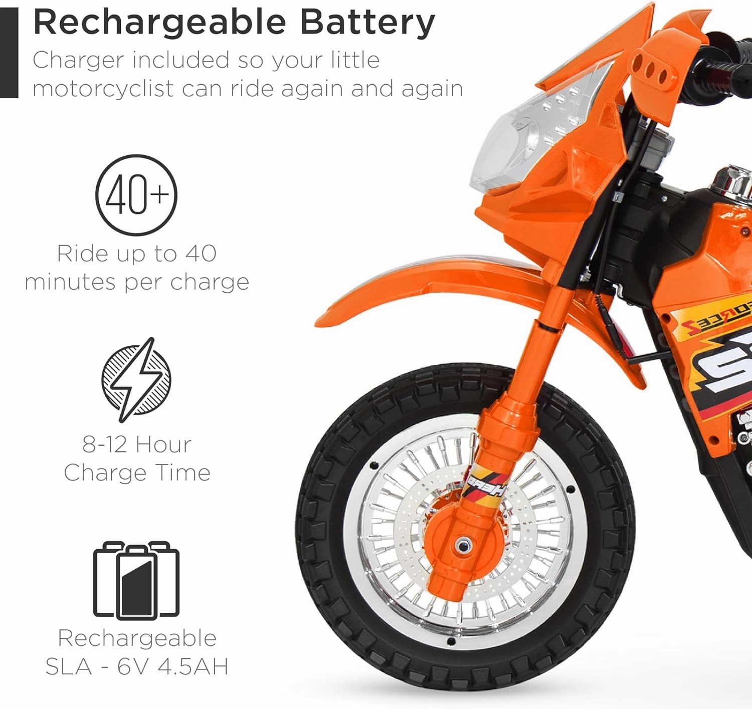 Best Choice Products Kids 6V Ride On Motorcycle w/Treaded Tires, Working Headlights, 2mph Top Speed, Training Wheels, Realistic Sounds, Music, Battery Charger - Orange