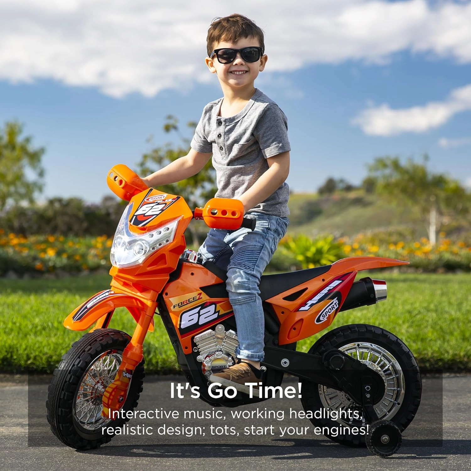 Best Choice Products Kids 6V Ride On Motorcycle w/Treaded Tires, Working Headlights, 2mph Top Speed, Training Wheels, Realistic Sounds, Music, Battery Charger - Orange