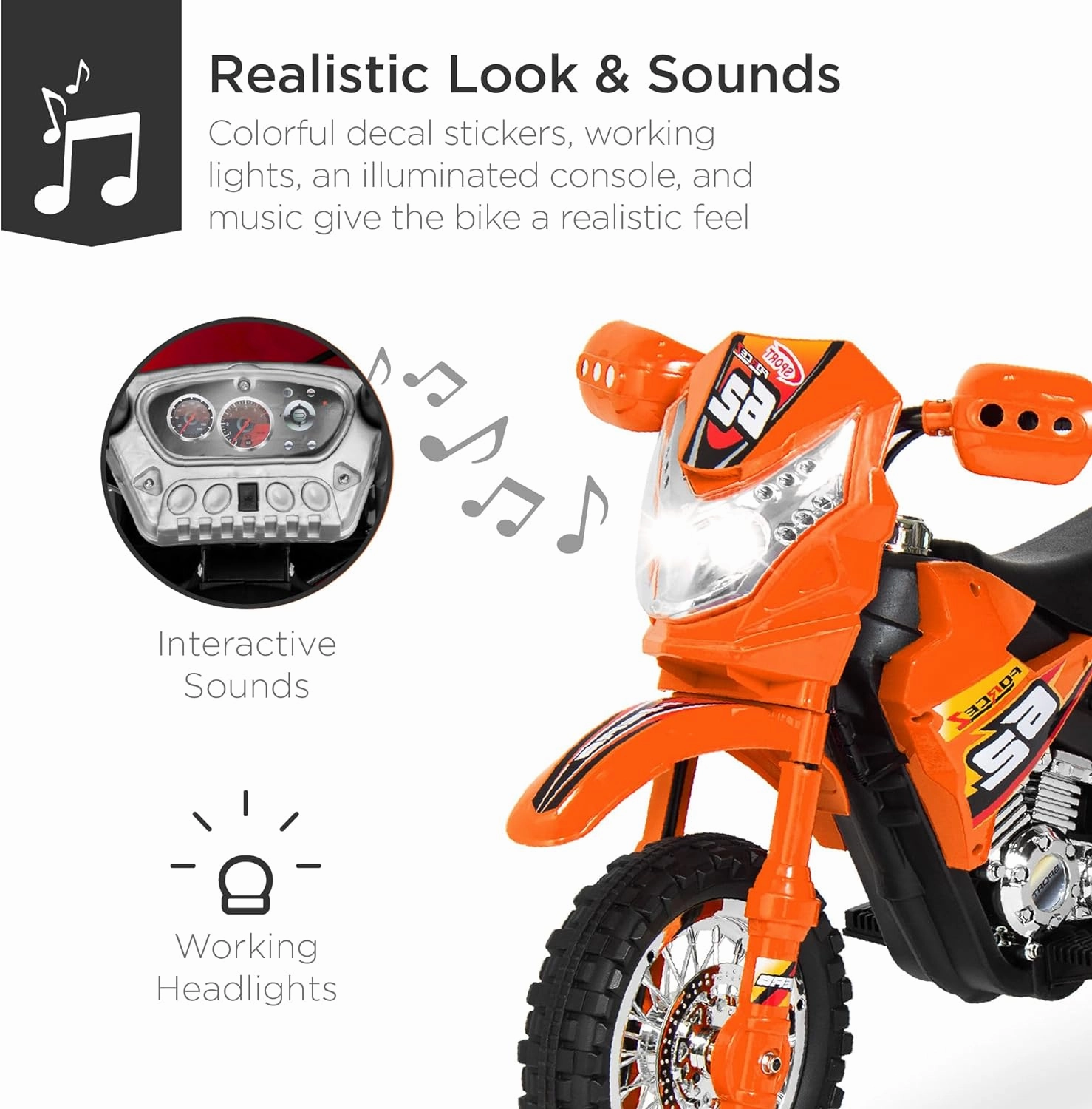 Best Choice Products Kids 6V Ride On Motorcycle w/Treaded Tires, Working Headlights, 2mph Top Speed, Training Wheels, Realistic Sounds, Music, Battery Charger - Orange