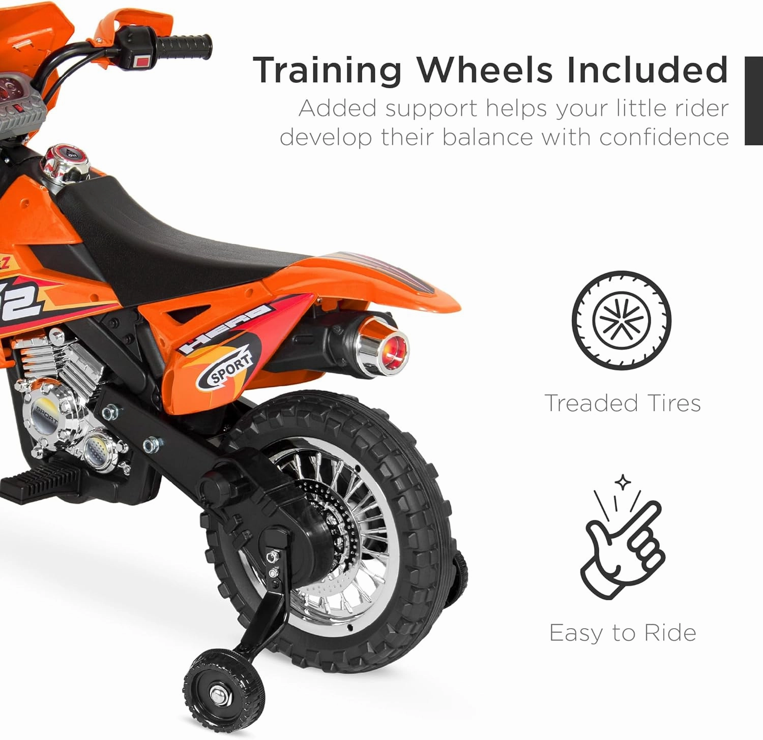 Best Choice Products Kids 6V Ride On Motorcycle w/Treaded Tires, Working Headlights, 2mph Top Speed, Training Wheels, Realistic Sounds, Music, Battery Charger - Orange