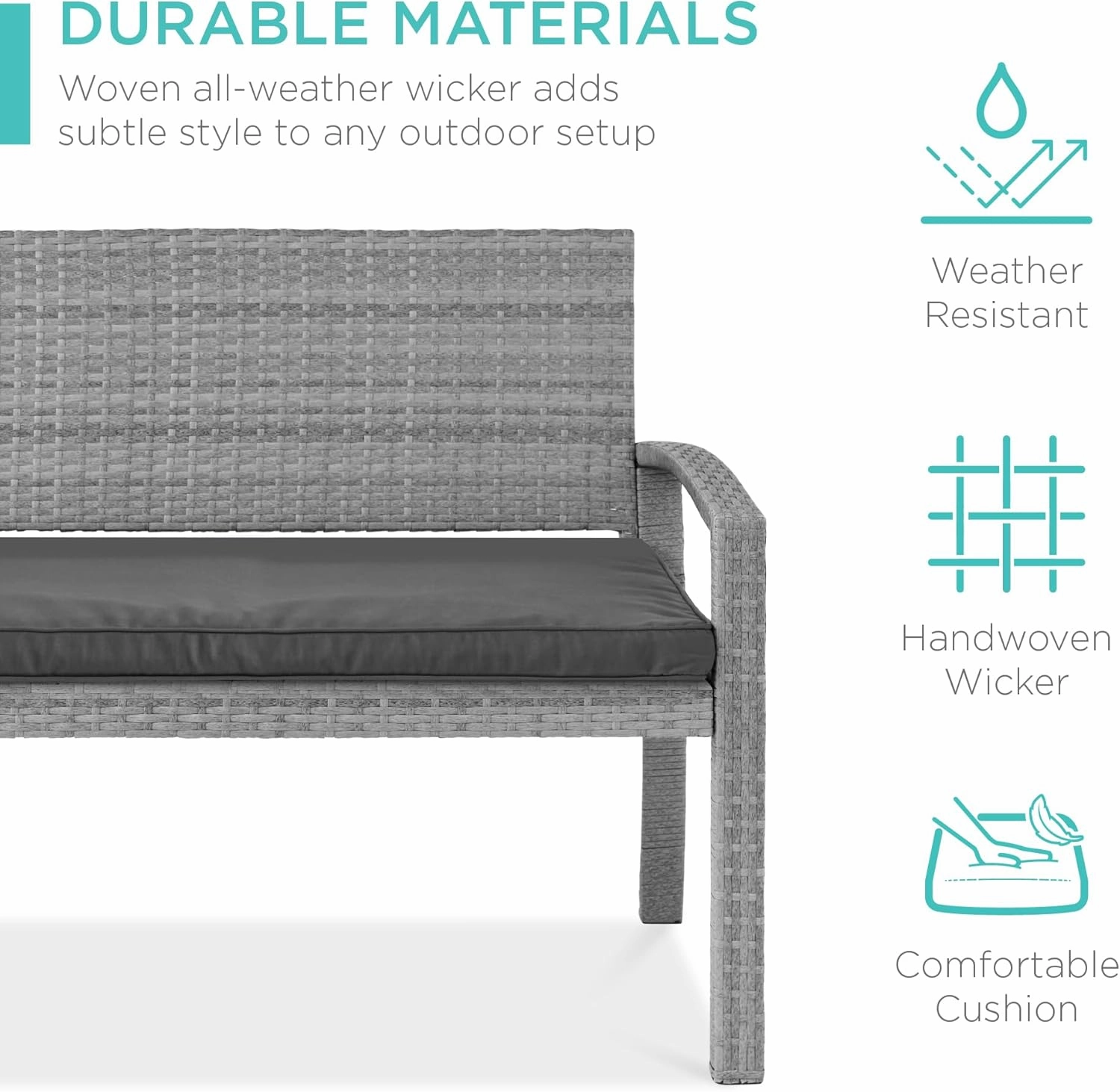 Best Choice Products Outdoor Bench 2-Person Wicker Garden Patio Benches Seating Furniture for Backyard, Porch w/Seat Cushion, 700lb Capacity - Gray/Gray