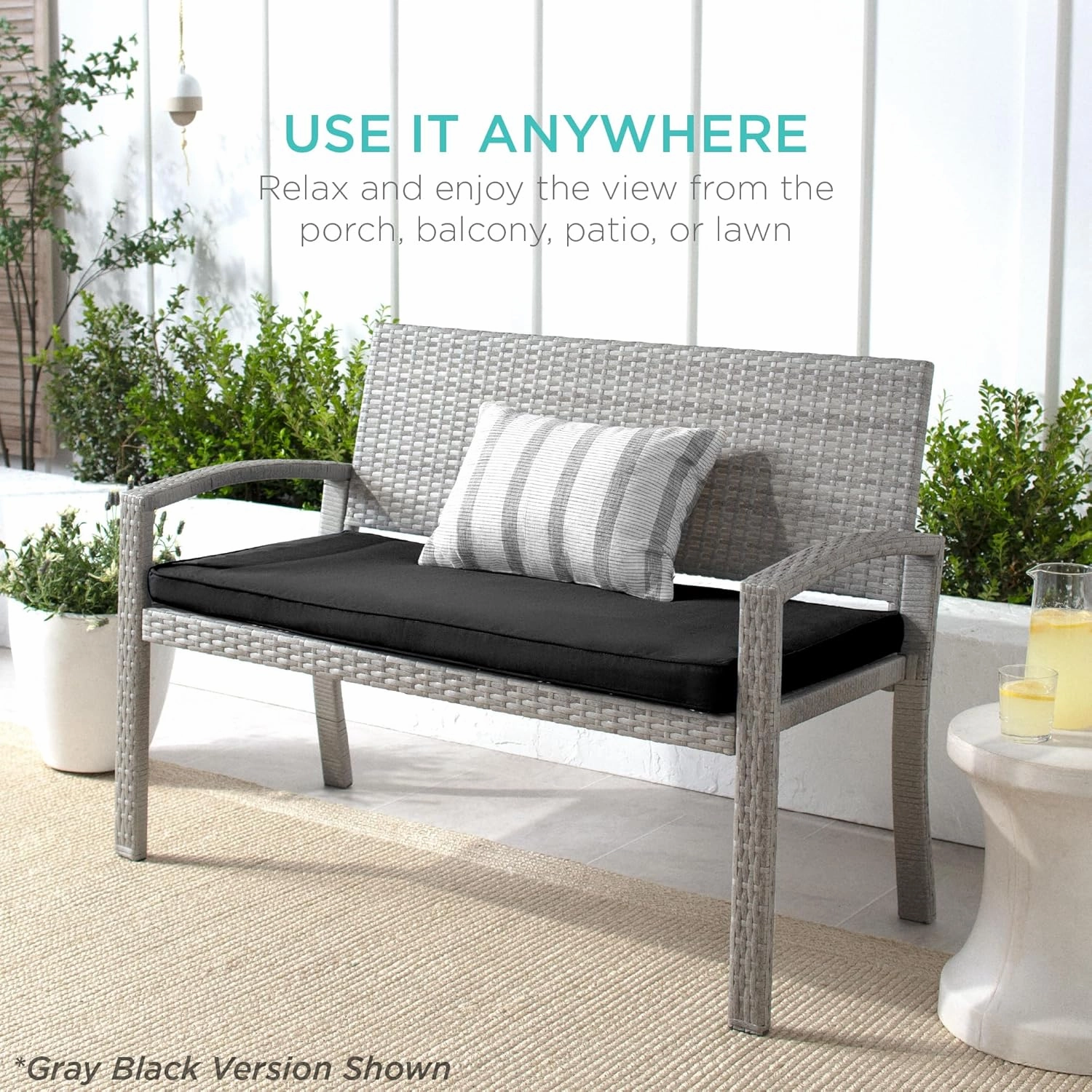 Best Choice Products Outdoor Bench 2-Person Wicker Garden Patio Benches Seating Furniture for Backyard, Porch w/Seat Cushion, 700lb Capacity - Gray/Gray