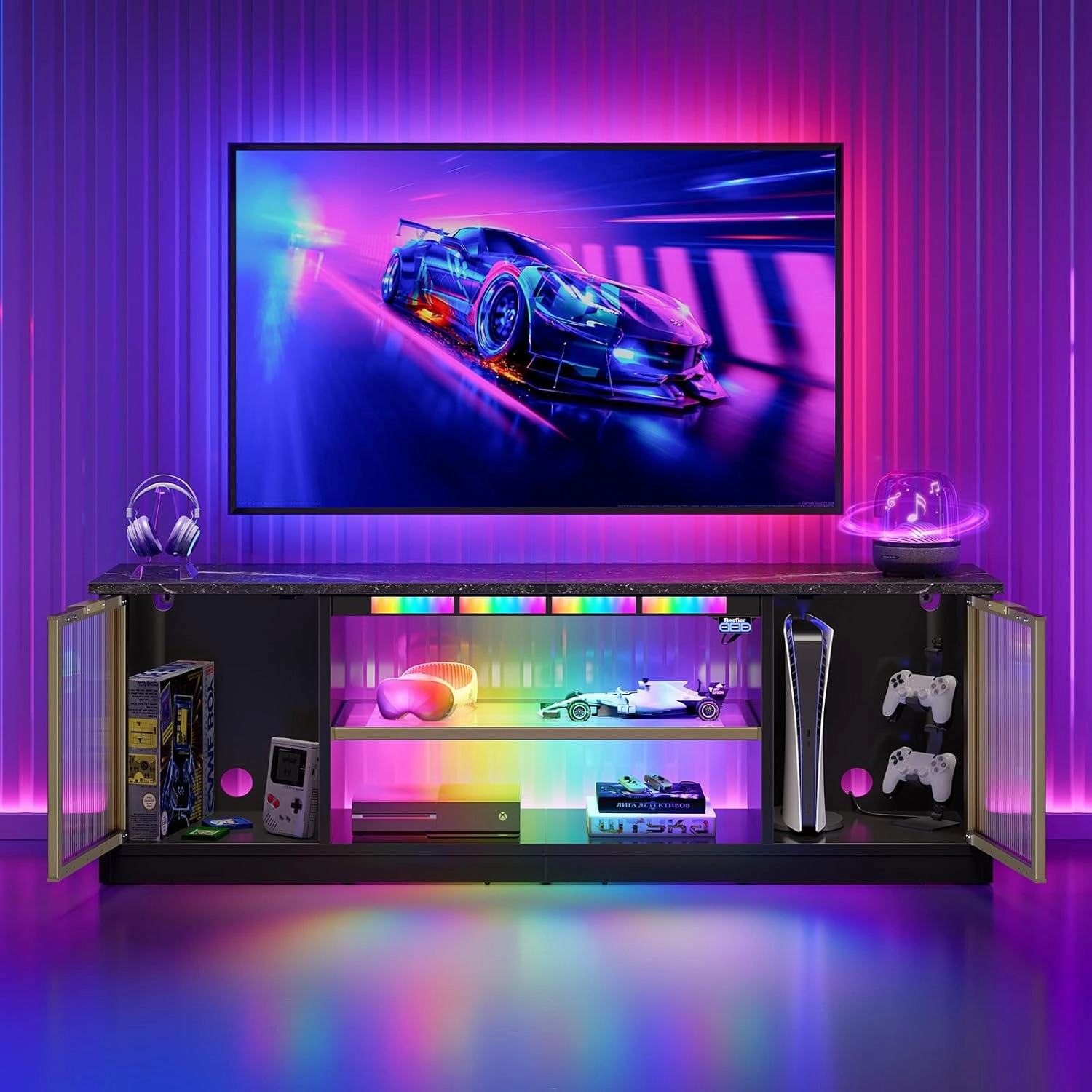 Bestier Gaming TV Stand with Music Sync Light, Flow Vibe Entertainment Center with Storage for PS5 Xbox, RGB LED Party Modes Television Stands for 50/55/60/65 inch TV (Black Marble, 57 inch)