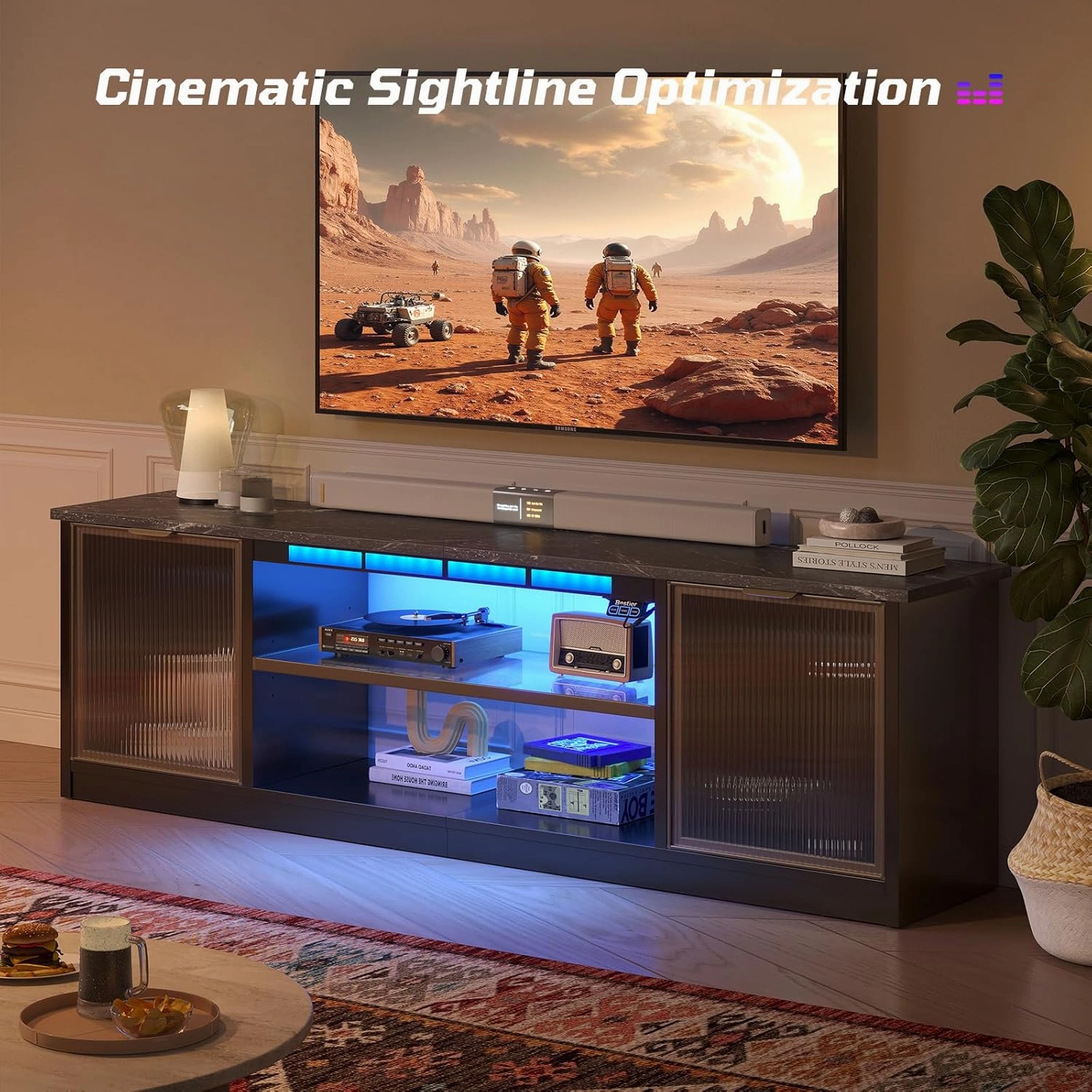 Bestier Gaming TV Stand with Music Sync Light, Flow Vibe Entertainment Center with Storage for PS5 Xbox, RGB LED Party Modes Television Stands for 50/55/60/65 inch TV (Black Marble, 57 inch)