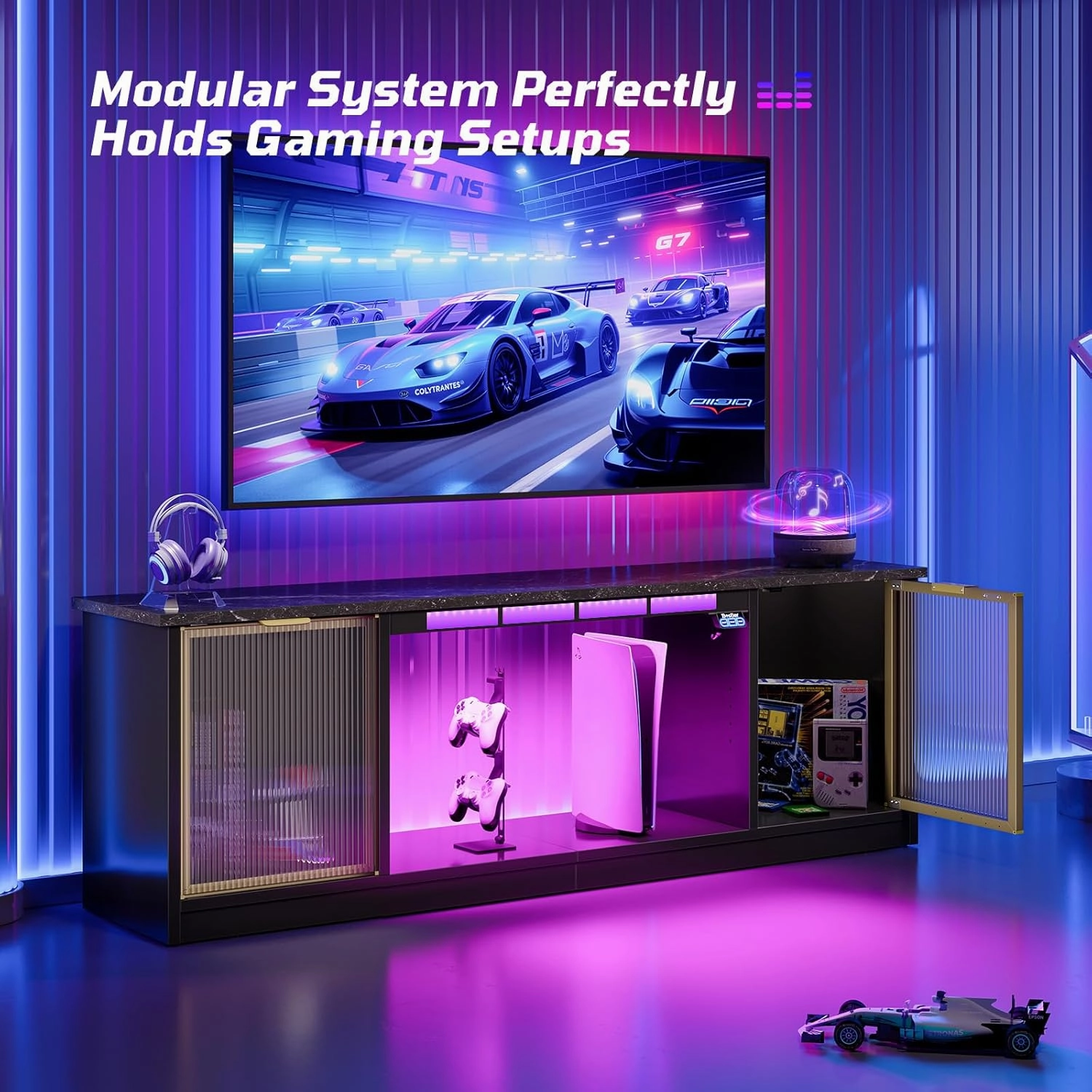 Bestier Gaming TV Stand with Music Sync Light, Flow Vibe Entertainment Center with Storage for PS5 Xbox, RGB LED Party Modes Television Stands for 50/55/60/65 inch TV (Black Marble, 57 inch)