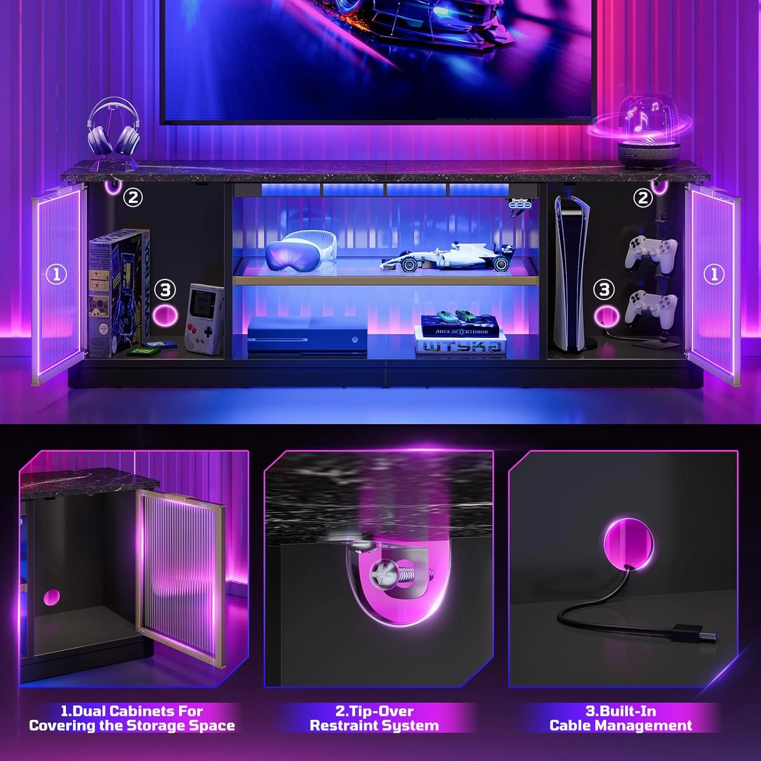 Bestier Gaming TV Stand with Music Sync Light, Flow Vibe Entertainment Center with Storage for PS5 Xbox, RGB LED Party Modes Television Stands for 50/55/60/65 inch TV (Black Marble, 57 inch)