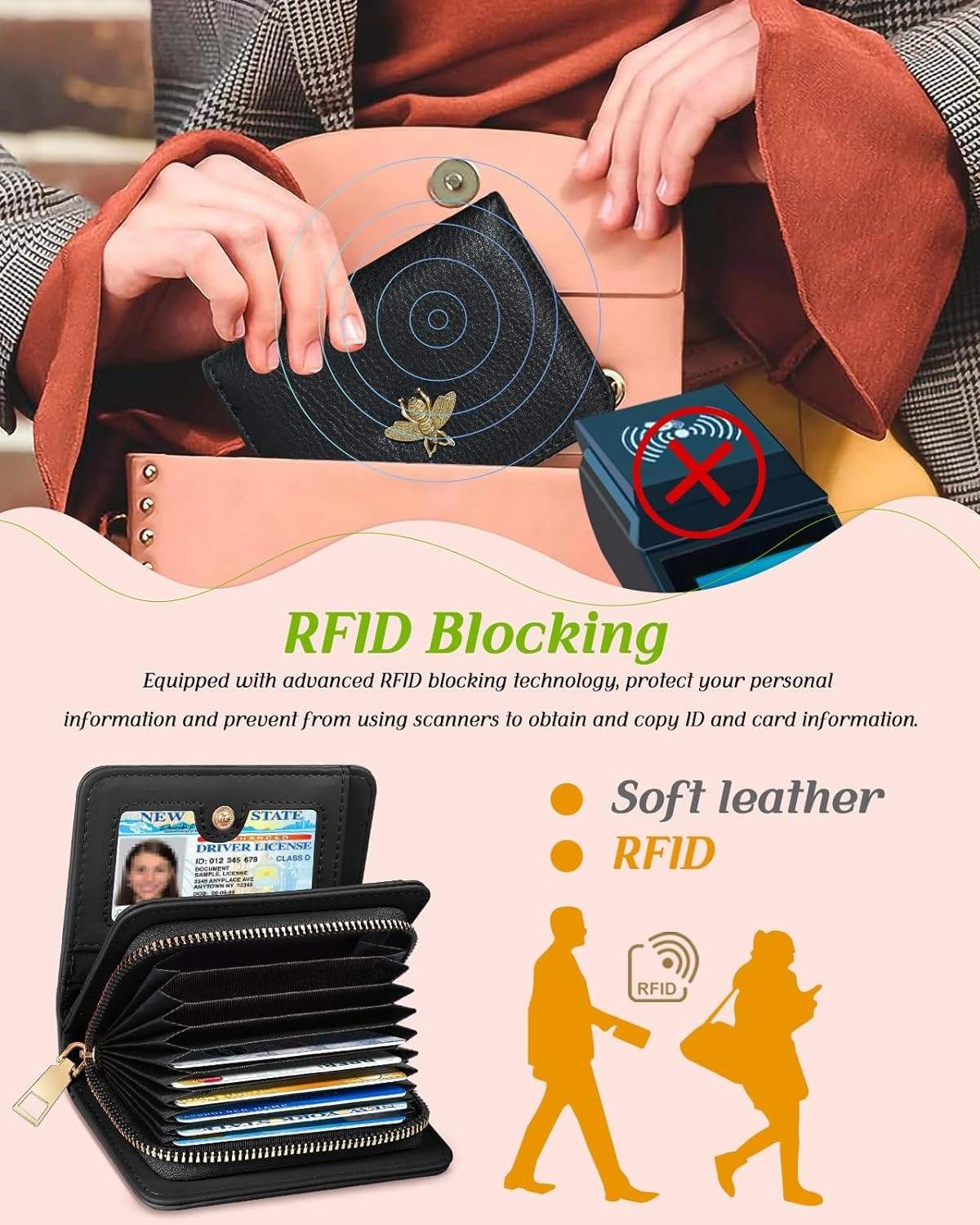 Bistup Credit Card Holder Wallet for Women Cute Leather Ladies Teen Girls Female Cardholder Wallets Accordion Purse Small Medium Aesthetic Print Bee Unique Modern Luxury Rfid Zipper Around