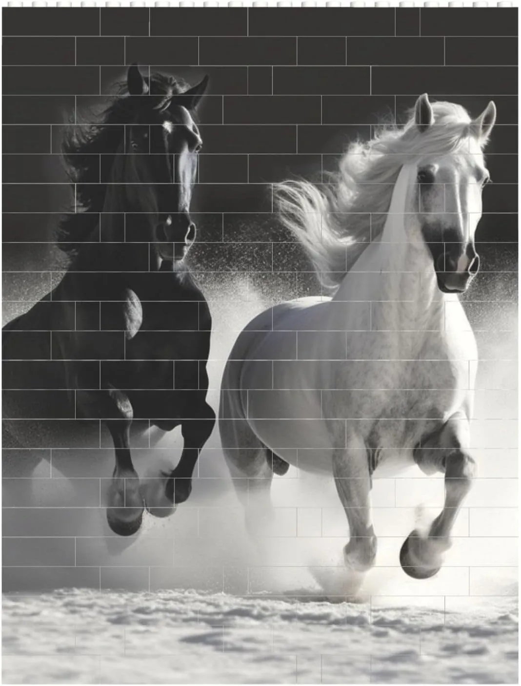 Black and White Horses Running Building Block Puzzle Personalized Building Bricks for Adults Square Shaped DIY Brick Block Puzzles Valentine's Day Gifts for Home Decor Brick Puzzle