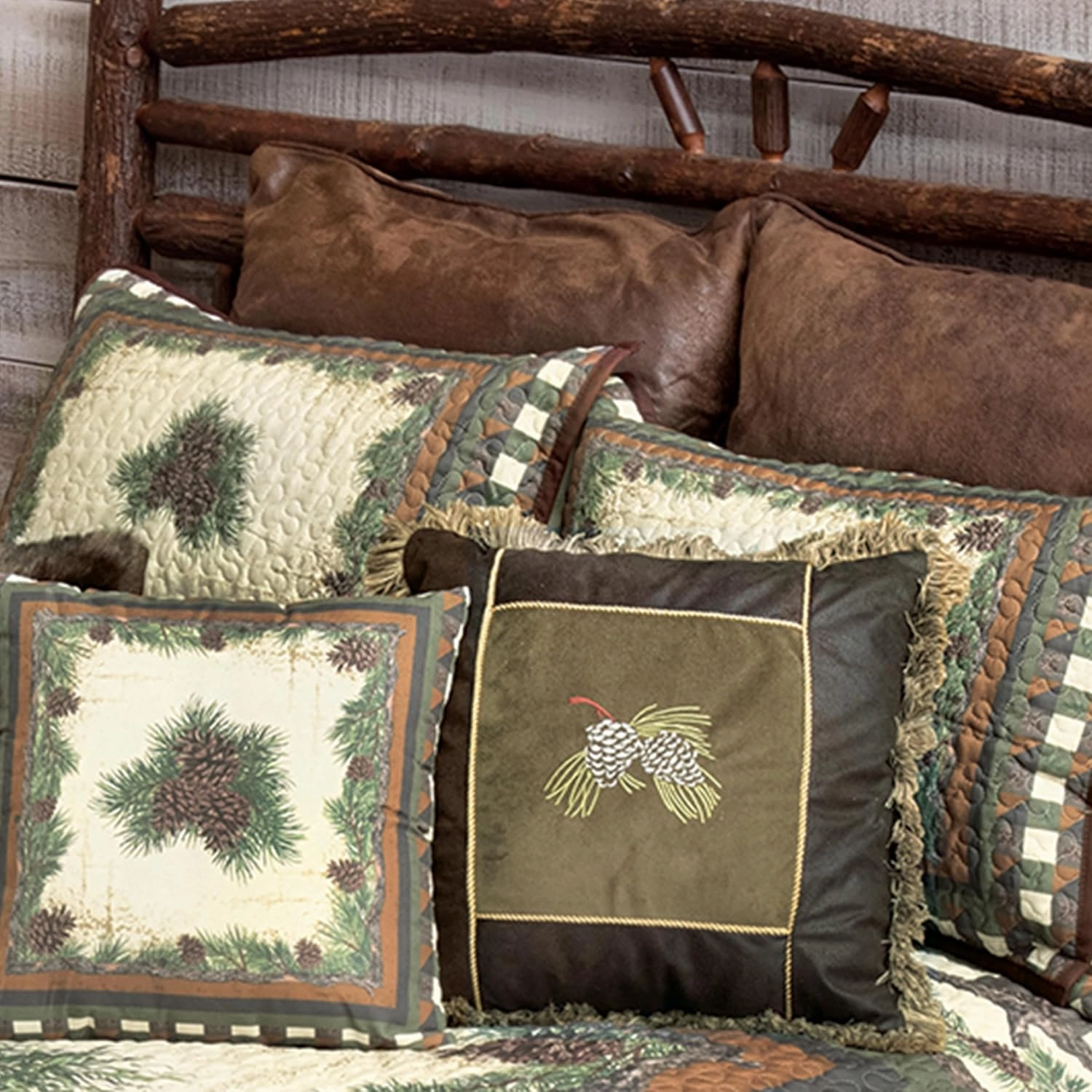 Black Forest Décor Woodland Pinecones Quilt Bed Set - Queen, Rustic Lodge Pinecone Bedding - 90" x 90"