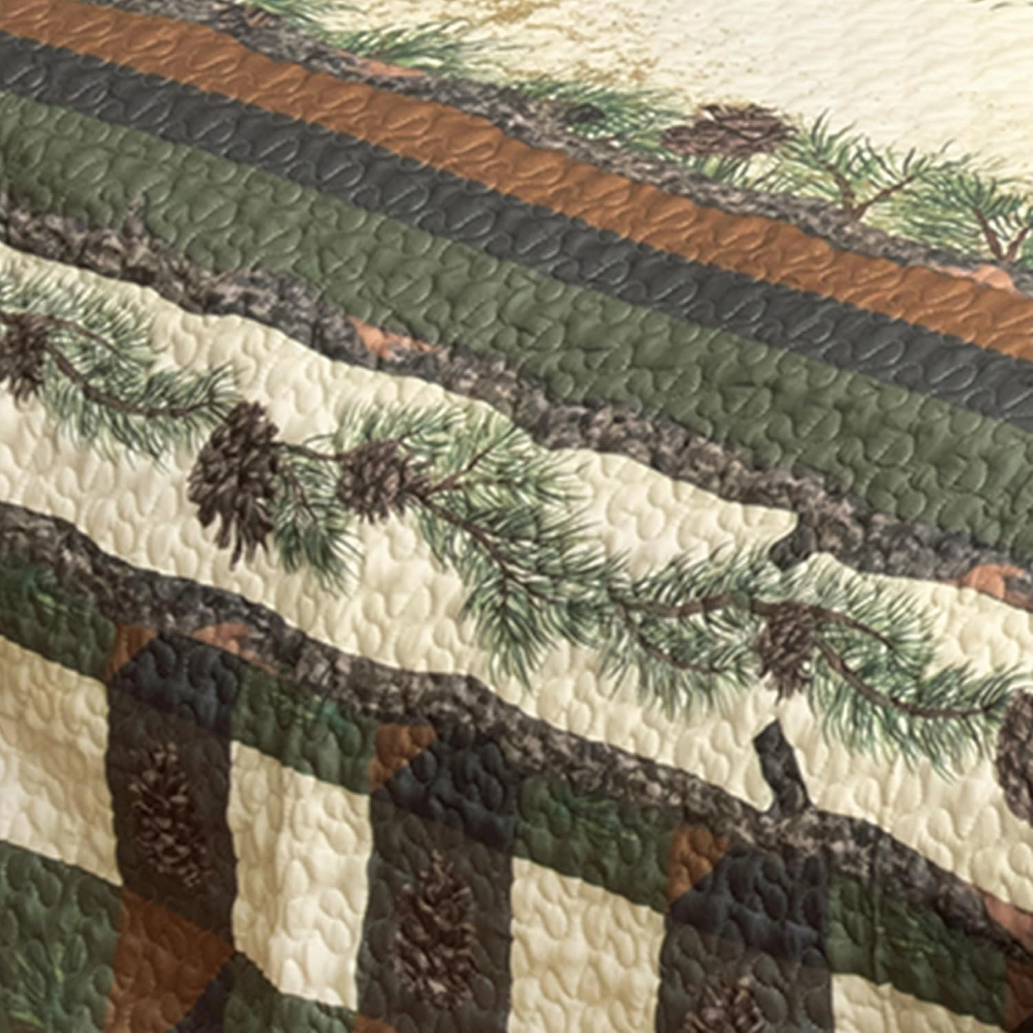 Black Forest Décor Woodland Pinecones Quilt Bed Set - Queen, Rustic Lodge Pinecone Bedding - 90" x 90"