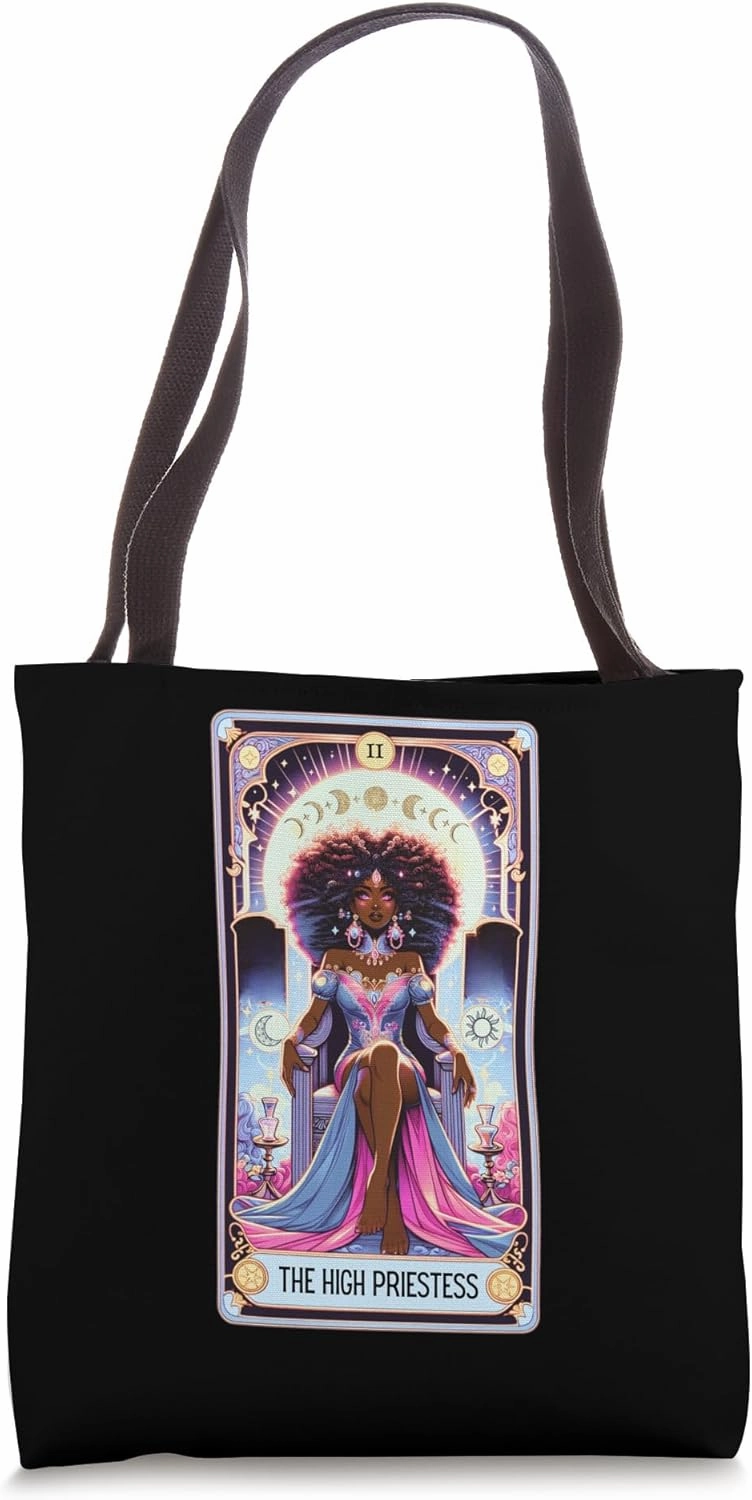 Black Queen Moon Phases Tarot Card High Priestess Tote Bag