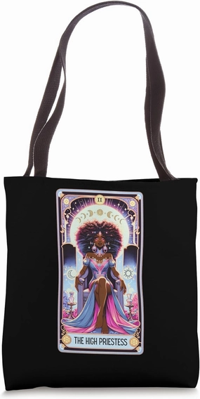 Black Queen Moon Phases Tarot Card High Priestess Tote Bag