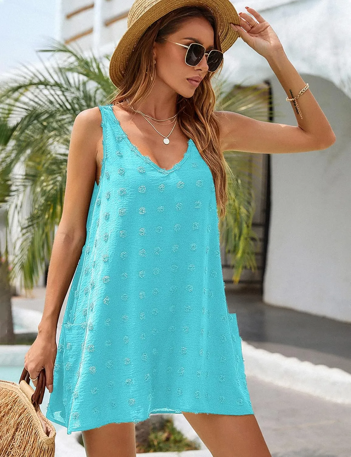 Blooming Jelly Womens Casual Sun Summer Dresses Swiss Polka Dot Beach Cover Up V Neck Tank Dress with Pockets