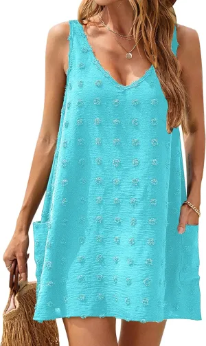 Blooming Jelly Womens Casual Sun Summer Dresses Swiss Polka Dot Beach Cover Up V Neck Tank Dress with Pockets