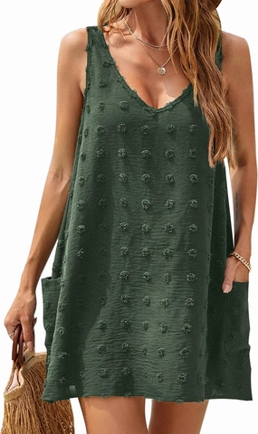 Blooming Jelly Womens Casual Sun Summer Dresses Swiss Polka Dot Beach Cover Up V Neck Tank Dress with Pockets