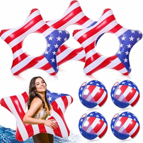 Blosssound 8 Pcs 4th of July Inflatable Pool Float Set with 4 Pcs 35 Inch American Patriotic Stars Inflatable Pool Float 4 Pcs 16 Inch Patriotic Beach Ball for Summer Independence Day Party Decor