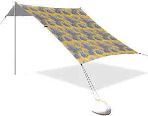 Blue Flowers Foldable Beach Canopy UPF50 Easy Setup Large Portable Sun Shelter with Sandbags, Sand Shovel, Poles for Family Trips, Picnics & Camping