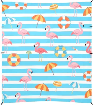 Blue White Striped Summer Flamingo Beach Canopy UPF50  Water-Resistant Large Portable Sun Shelter Includes Sand Shovel, Sandbags, Stability Poles for Backyard and Camping