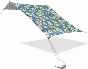 Blue and White Daisies Designed UPF50 Foldable Beach Cabana Lightweight Large Sun Shade with Sandbags and Shovel for Family Trips, Picnics & Camping techo para Playa