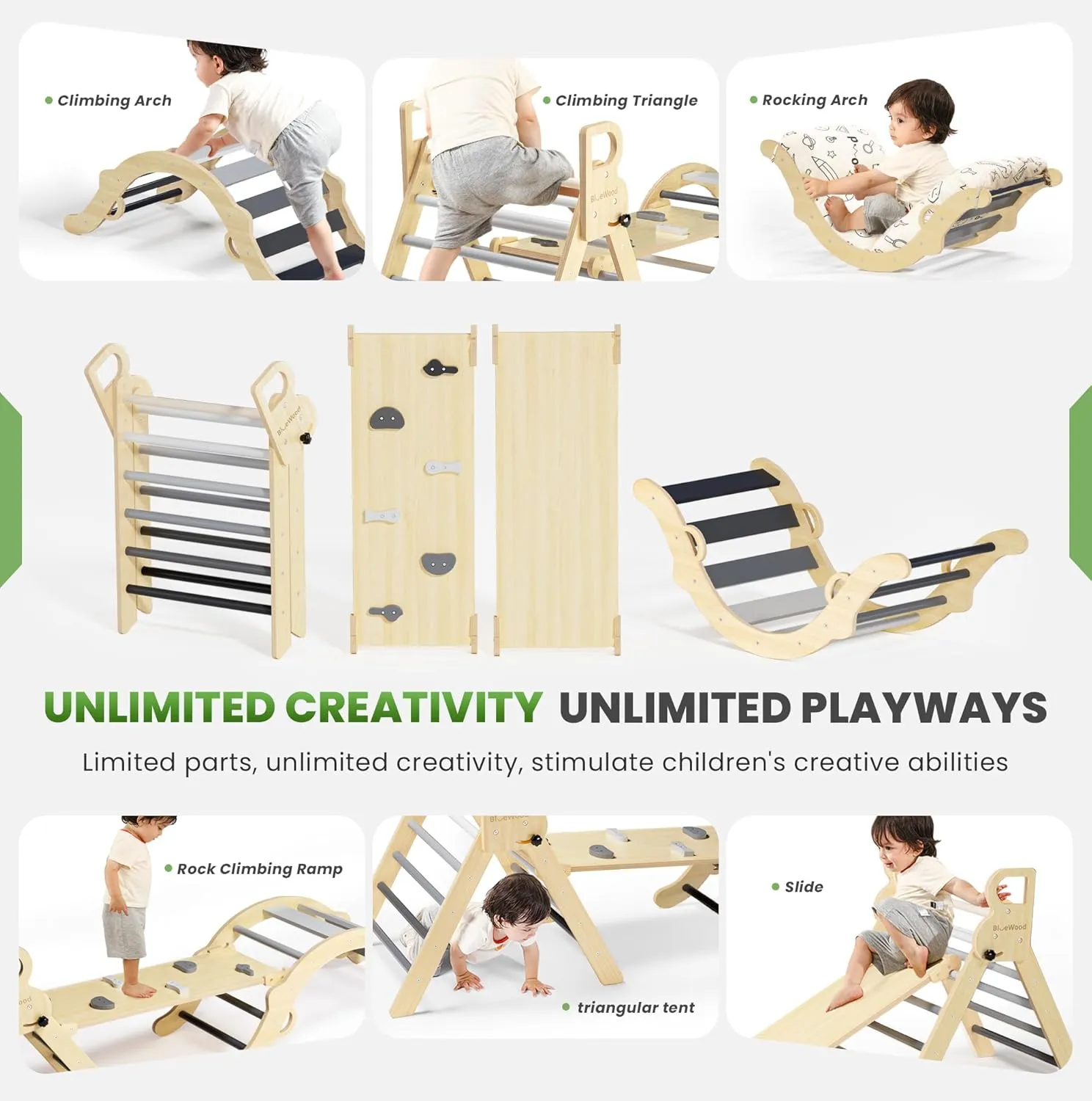 BlueWood Pikler Triangle Set with Cushion, 8-in-1 Climbing Toys for Toddlers, Montessori Philosophy Play Jungle Gym with Arch, Ramp, Ladder(Elegant Gray)