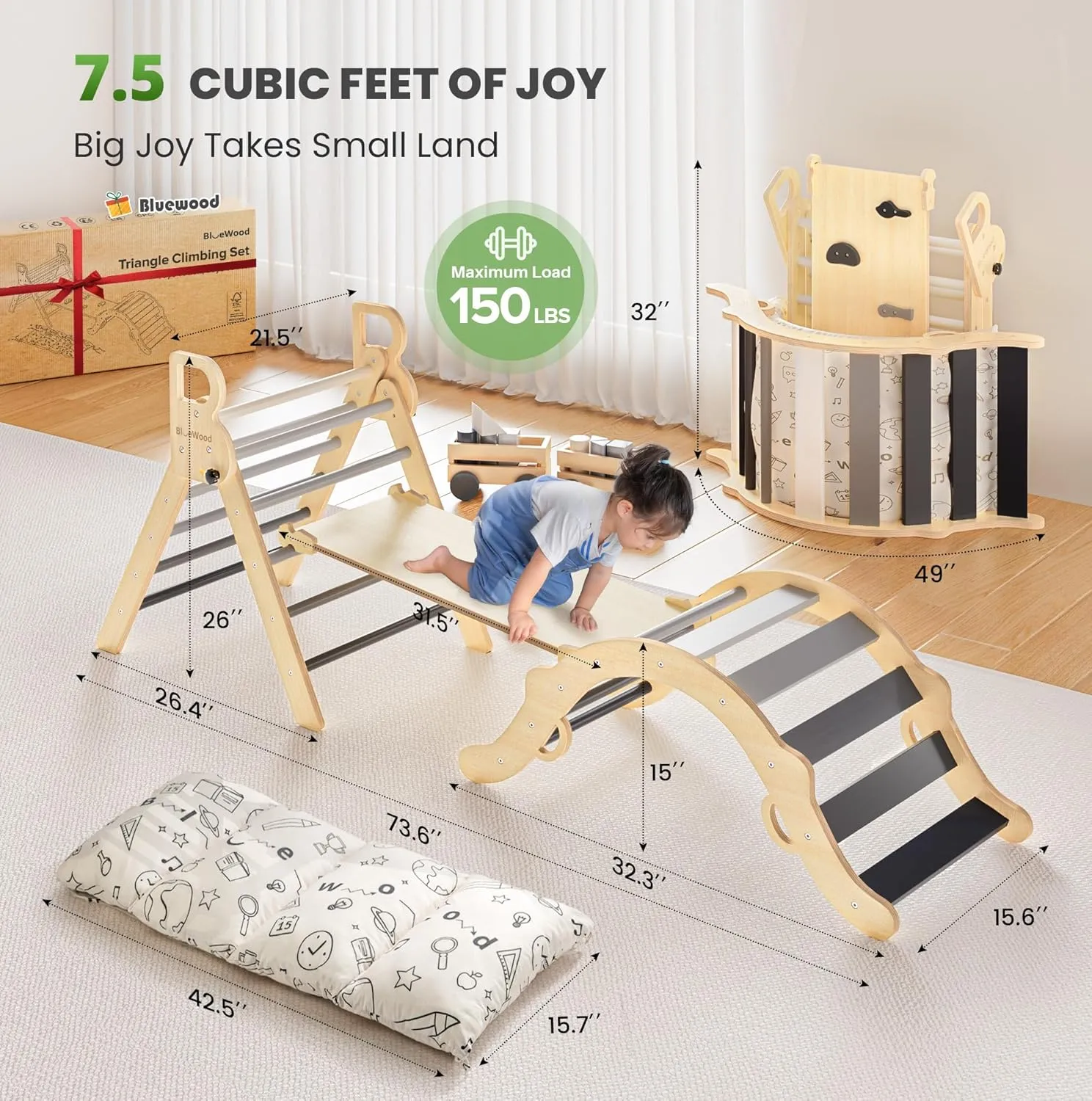 BlueWood Pikler Triangle Set with Cushion, 8-in-1 Climbing Toys for Toddlers, Montessori Philosophy Play Jungle Gym with Arch, Ramp, Ladder(Elegant Gray)
