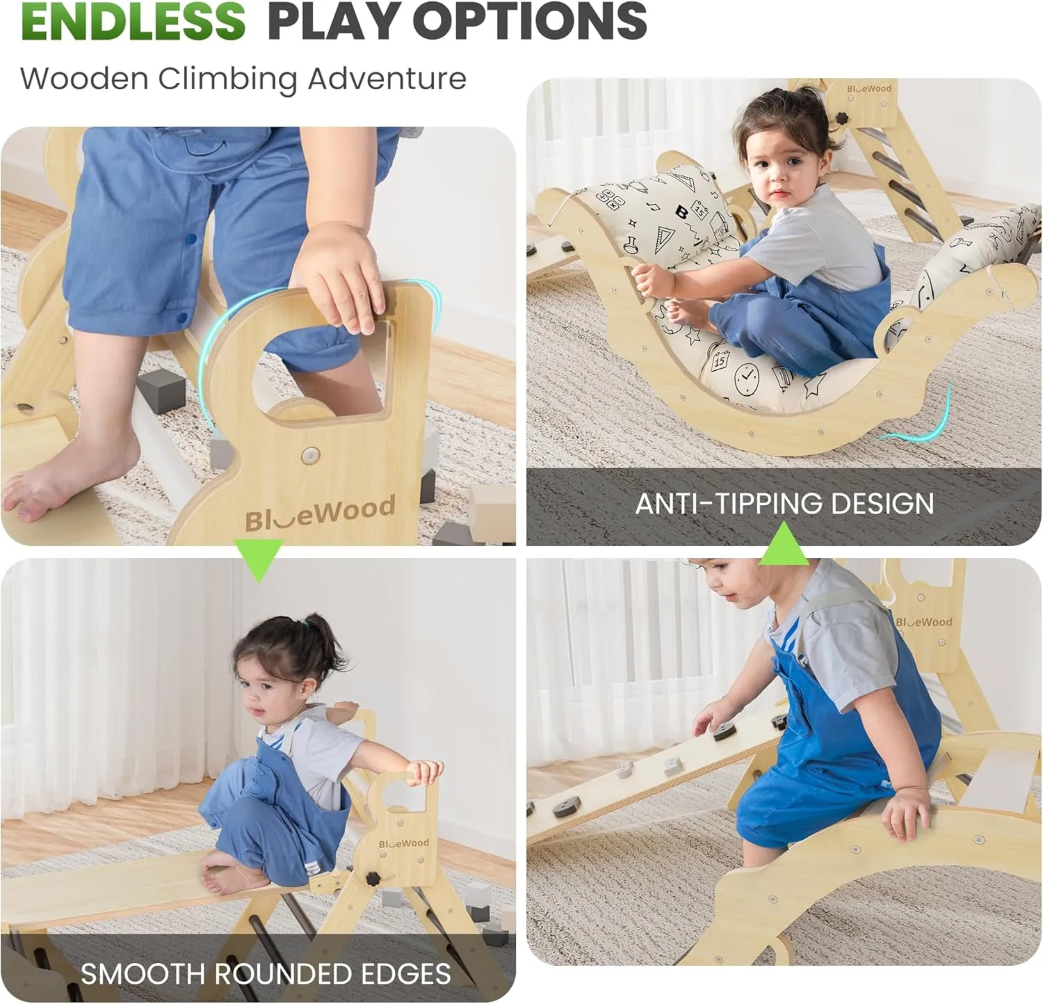BlueWood Pikler Triangle Set with Cushion, 8-in-1 Climbing Toys for Toddlers, Montessori Philosophy Play Jungle Gym with Arch, Ramp, Ladder(Elegant Gray)