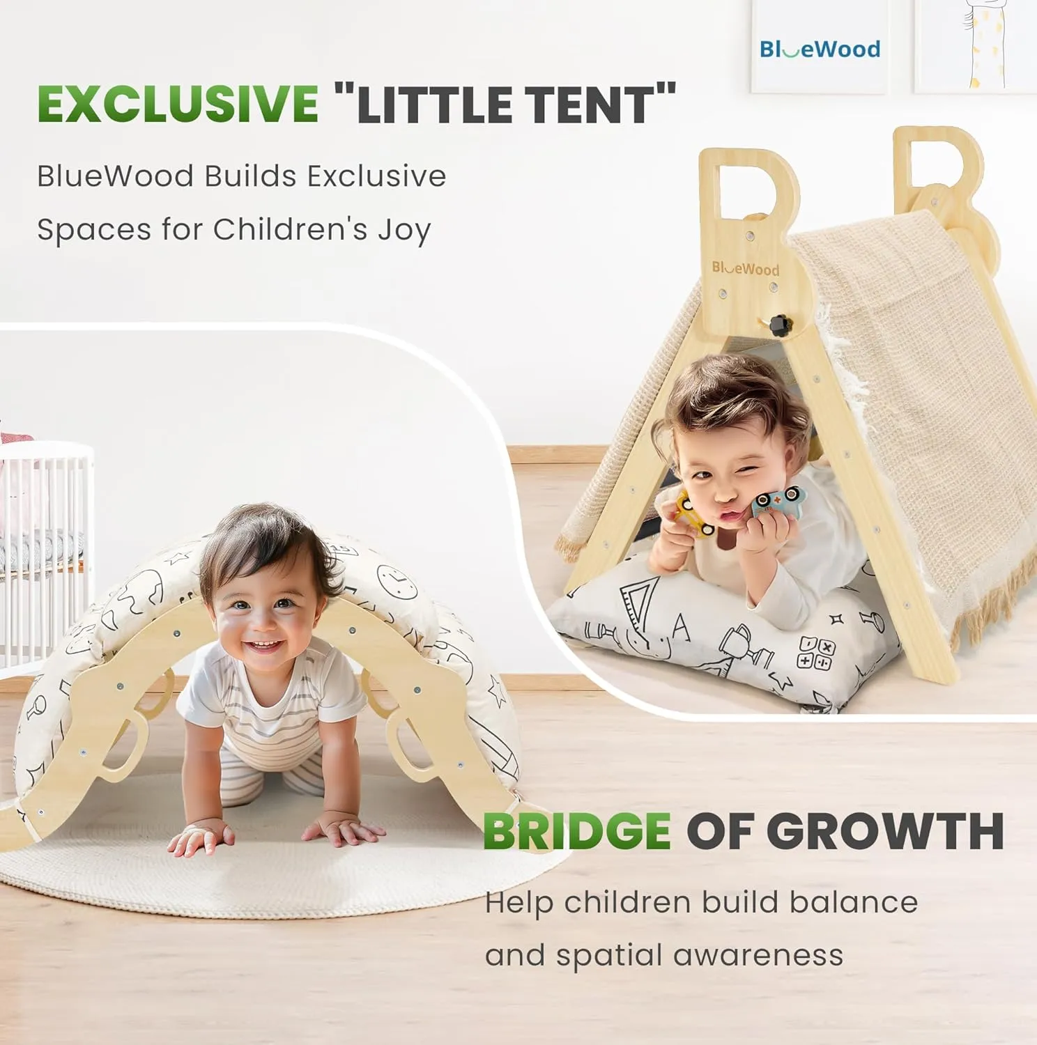 BlueWood Pikler Triangle Set with Cushion, 8-in-1 Climbing Toys for Toddlers, Montessori Philosophy Play Jungle Gym with Arch, Ramp, Ladder(Elegant Gray)