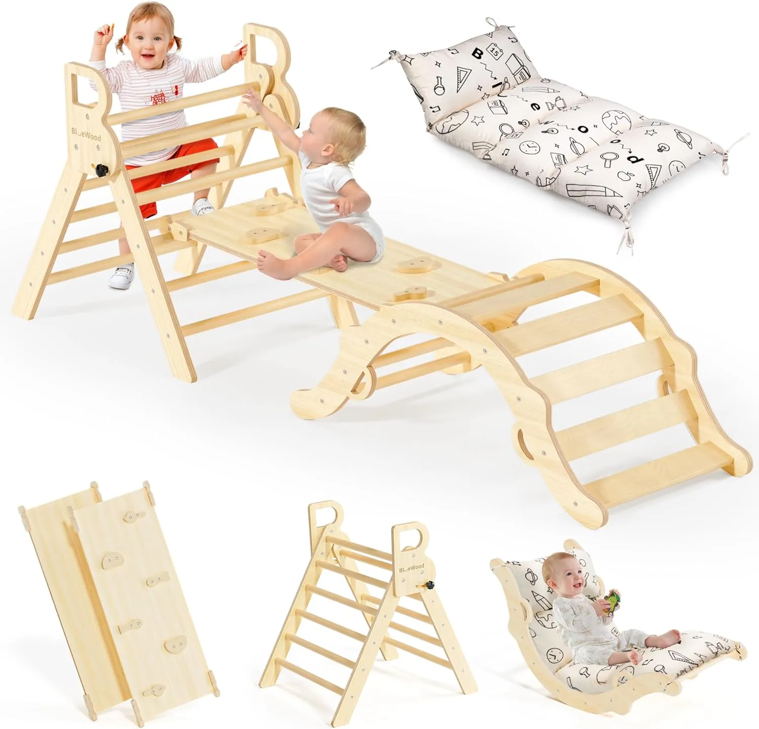 BlueWood Pikler Triangle Set with Cushion, 8-in-1 Climbing Toys for Toddlers, Montessori Philosophy Play Jungle Gym with Arch, Ramp, Ladder(Natural Wood)