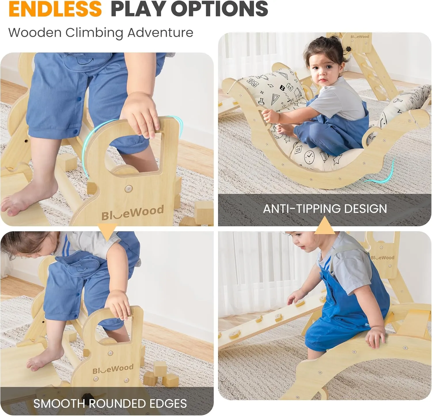 BlueWood Pikler Triangle Set with Cushion, 8-in-1 Climbing Toys for Toddlers, Montessori Philosophy Play Jungle Gym with Arch, Ramp, Ladder(Natural Wood)