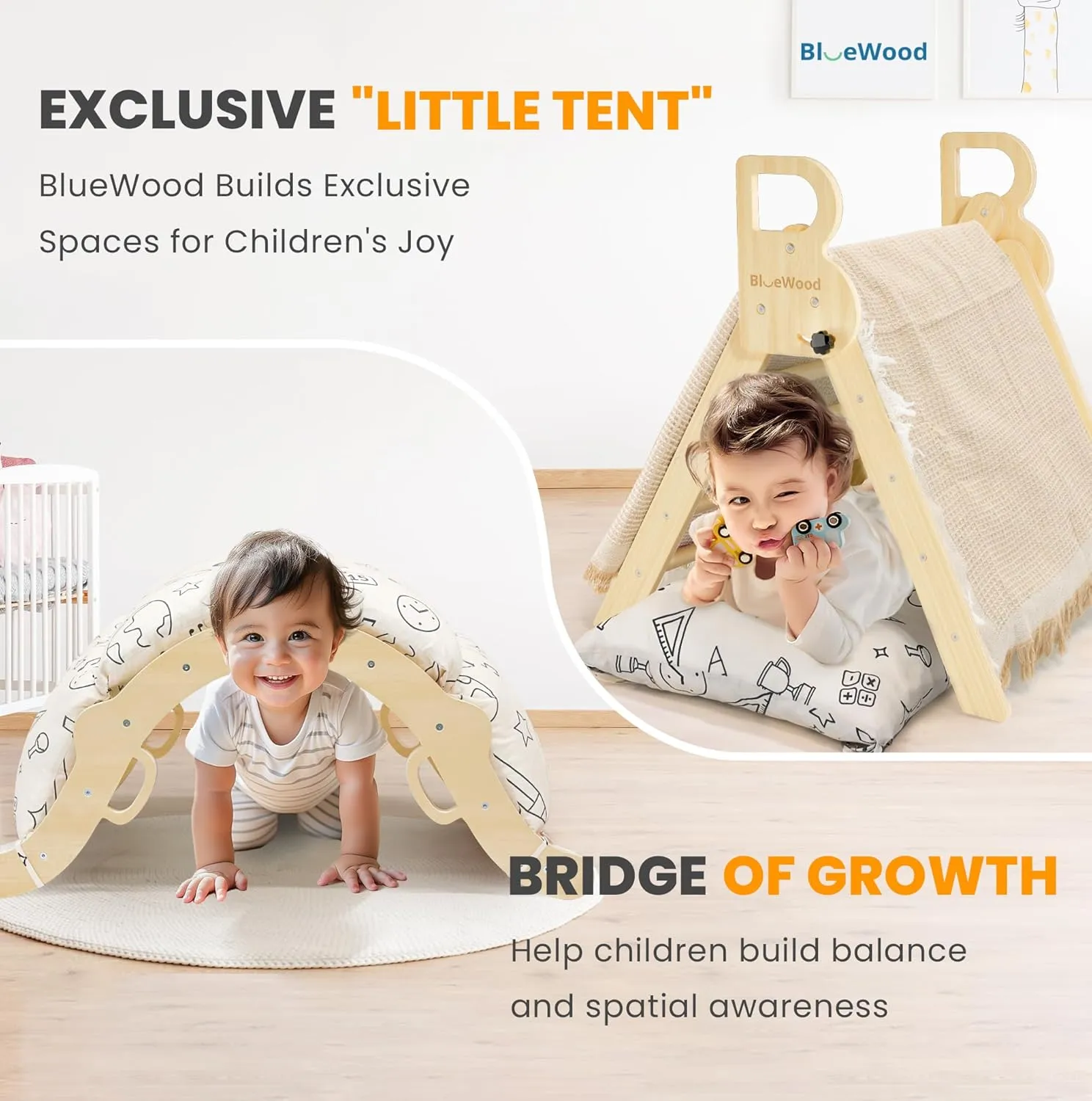 BlueWood Pikler Triangle Set with Cushion, 8-in-1 Climbing Toys for Toddlers, Montessori Philosophy Play Jungle Gym with Arch, Ramp, Ladder(Natural Wood)