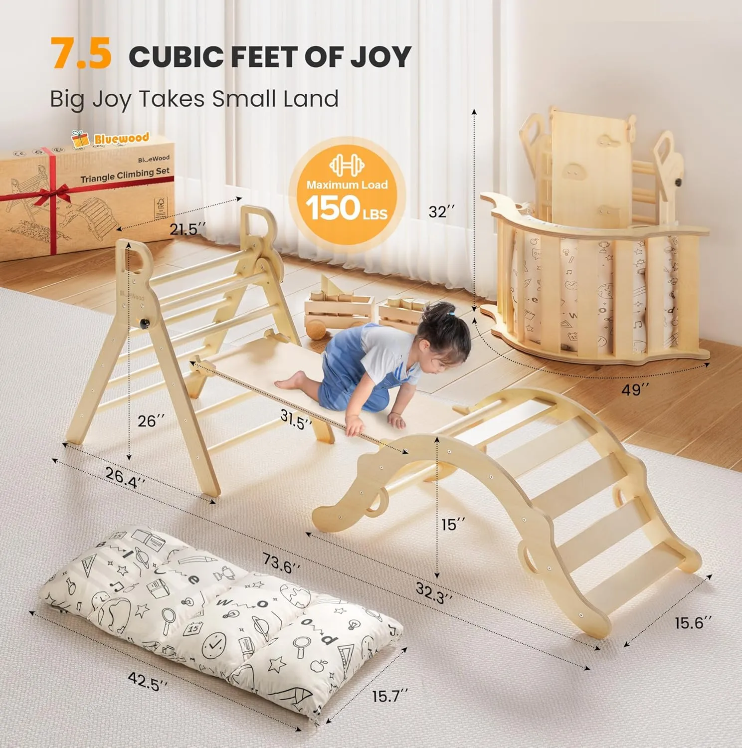 BlueWood Pikler Triangle Set with Cushion, 8-in-1 Climbing Toys for Toddlers, Montessori Philosophy Play Jungle Gym with Arch, Ramp, Ladder(Natural Wood)