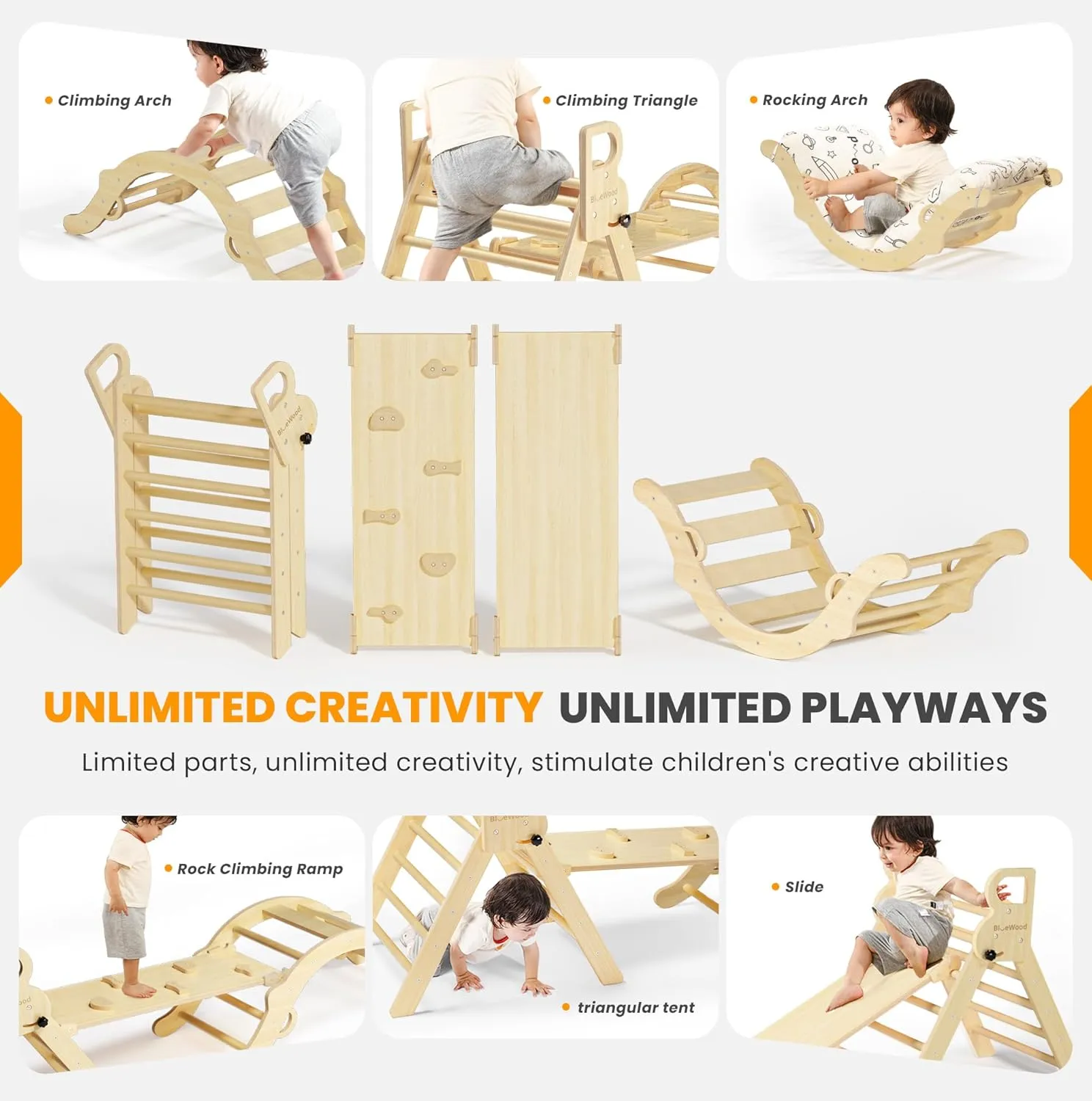 BlueWood Pikler Triangle Set with Cushion, 8-in-1 Climbing Toys for Toddlers, Montessori Philosophy Play Jungle Gym with Arch, Ramp, Ladder(Natural Wood)